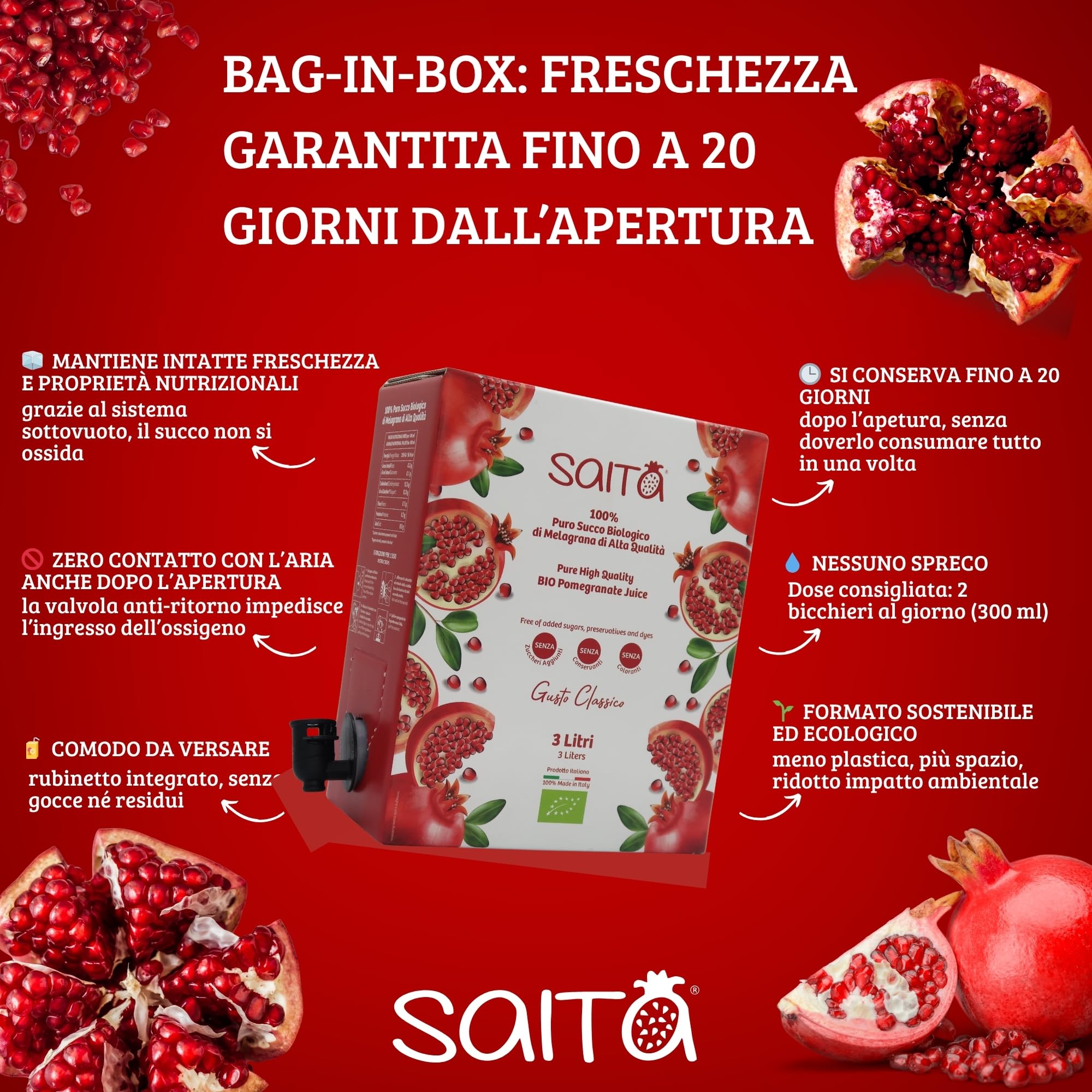 Saita Succo di Melograno 100% Puro Biologico, Succo di Frutta Senza Zuccheri Aggiunti, Vitamina C Naturale, Vegan Superfood Detox, Bag in Box 3 l, Classico, Made in Italy