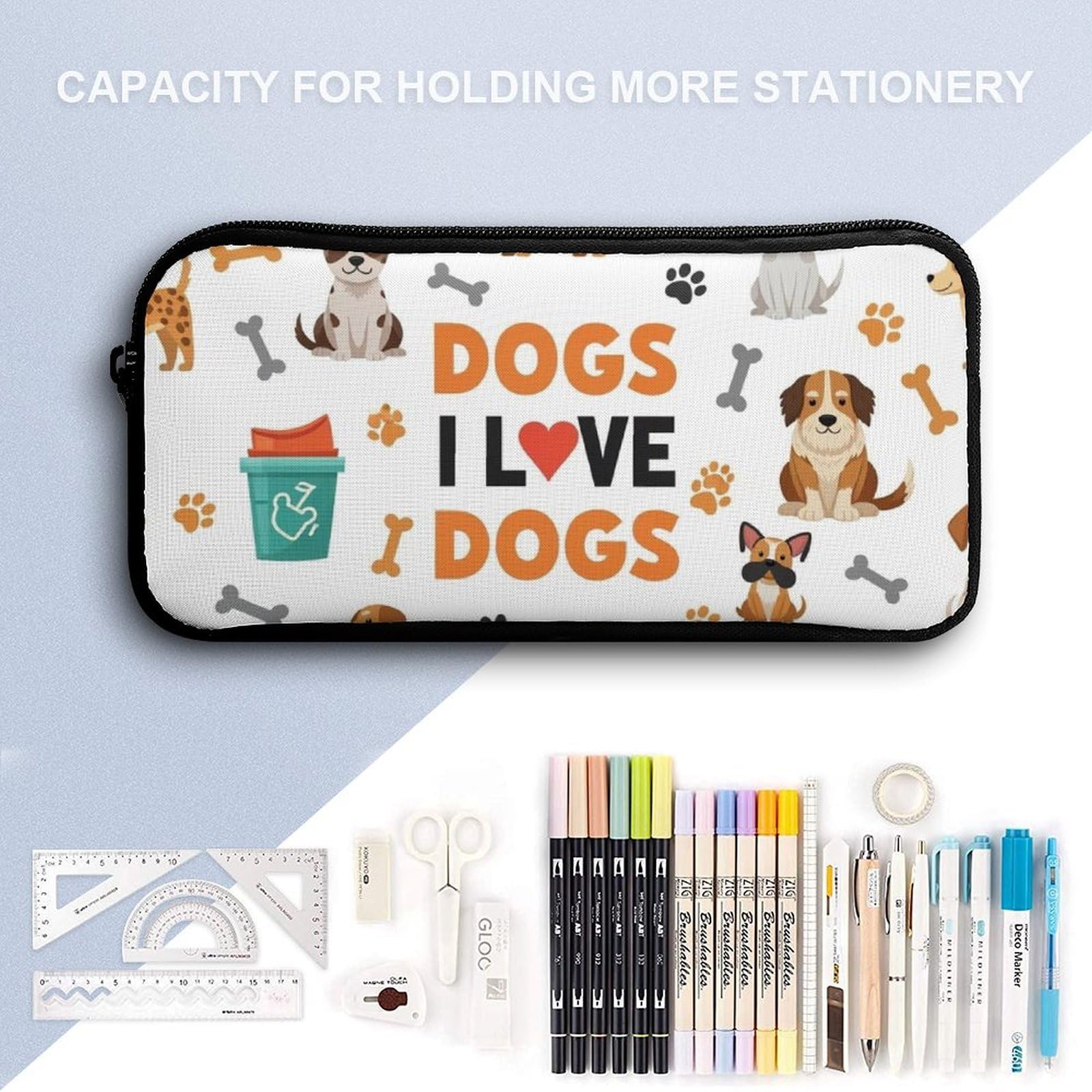 Ensemble sac à dos avec boîte à lunch, trousse de maquillage, motif chiens et rangement.