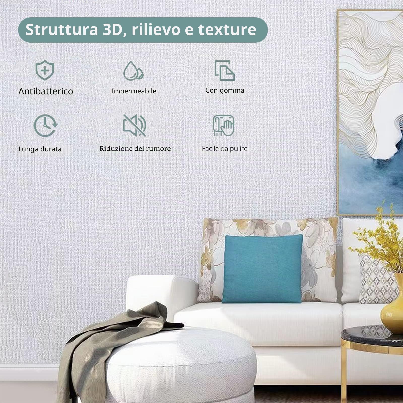 Carta da parati autoadesiva 3D, 0,5 x 10 m, pellicola isolante da parete, impermeabile, per soggiorno, camera da letto, cucina (bianco)