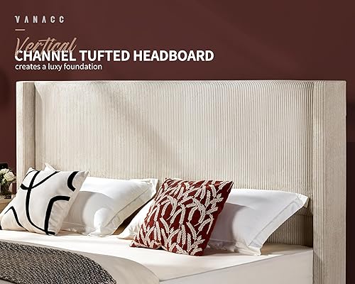 Miniatura 5 de VanAcc Base de cama de plataforma tamaño Queen, cama tapizada de pana de 50.8 pulgadas con cabecera capitonada de canal vertical, listones de