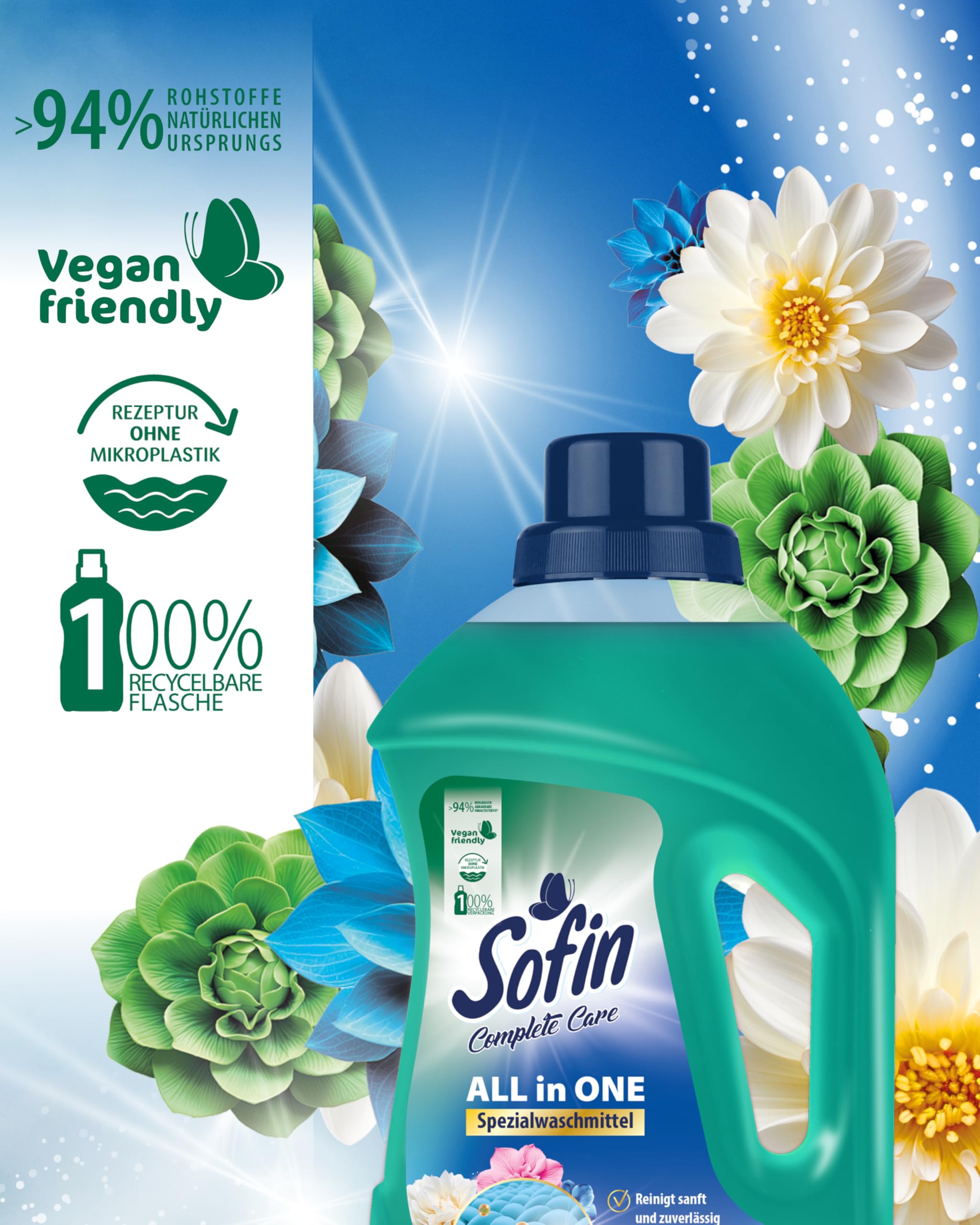 Sofin All in One Spezial-Waschmittel flüssig 1,1L 8er Set -Flüssigwaschmittel für weiße, bunte & schwarze Textilien, Langanhaltende Frische & angenehmer Duft