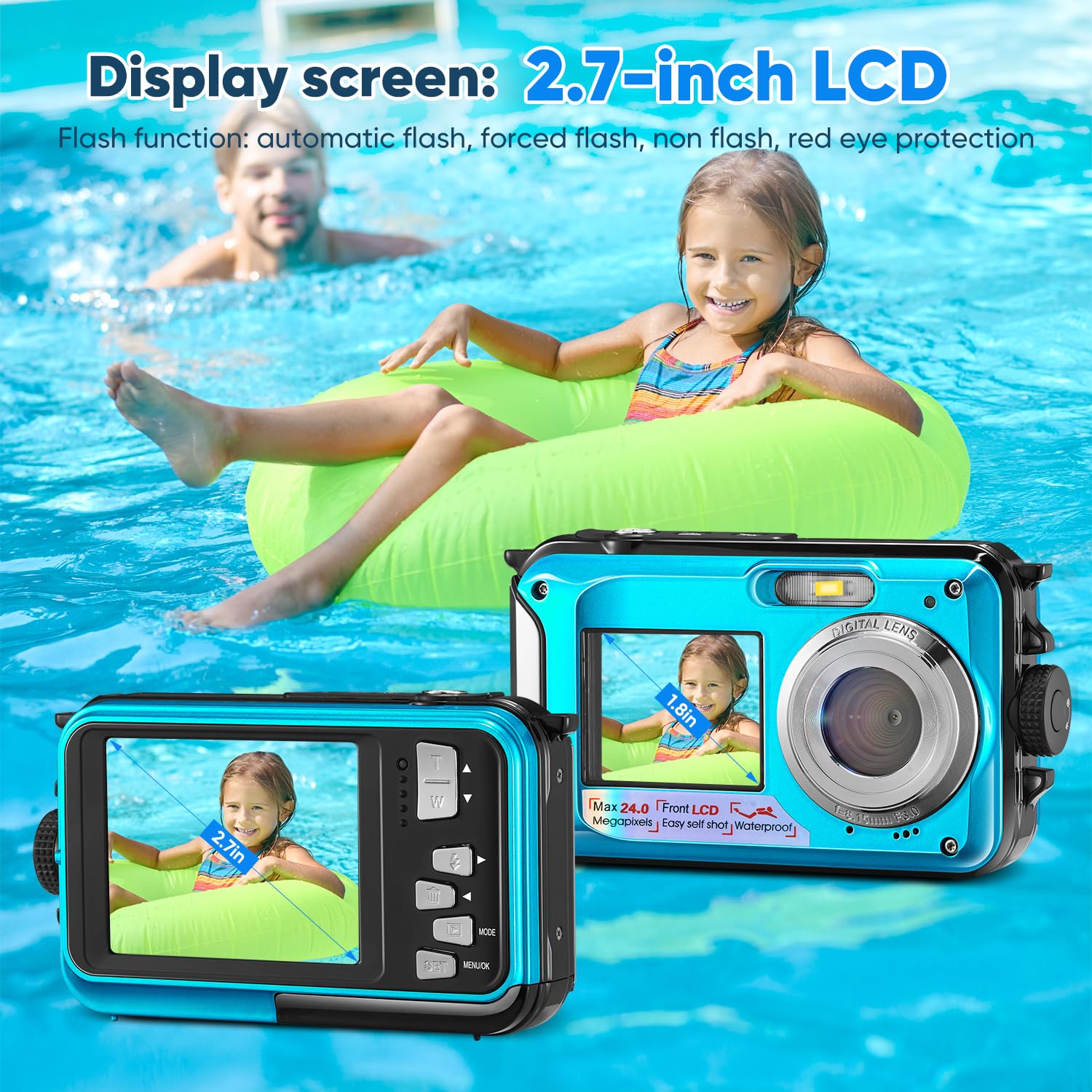 Cámara submarina, Full HD 2.7K 24MP impermeable, cámara compacta impermeable de 10 pies, zoom digital 16x, cámara digital antitemblor para niños, adolescentes, principiantes
