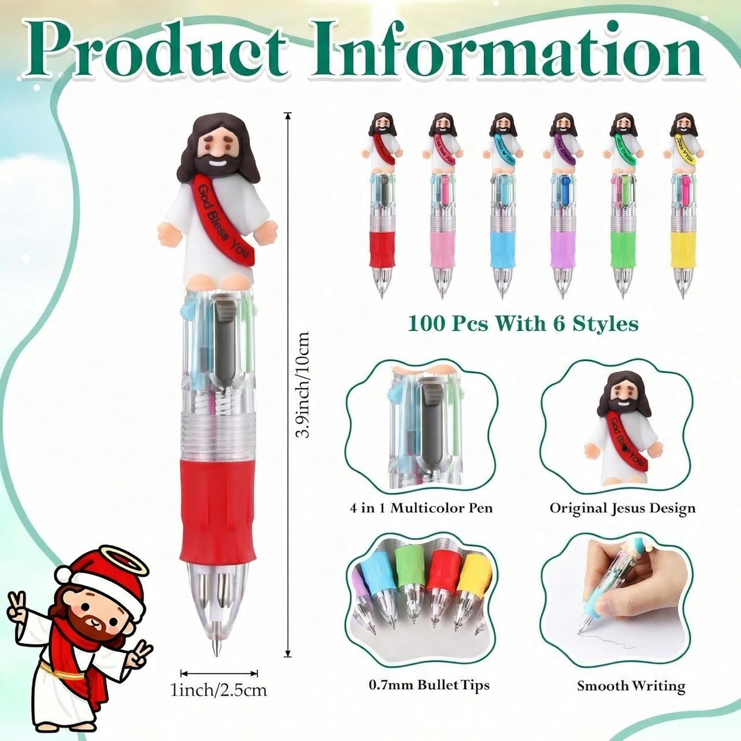 Bememo Funny Pens Multi-color in One Cute Christian Ballpoint Pens for Employee Appreciation, Christmas, Party Reward (White Jesus, 100)