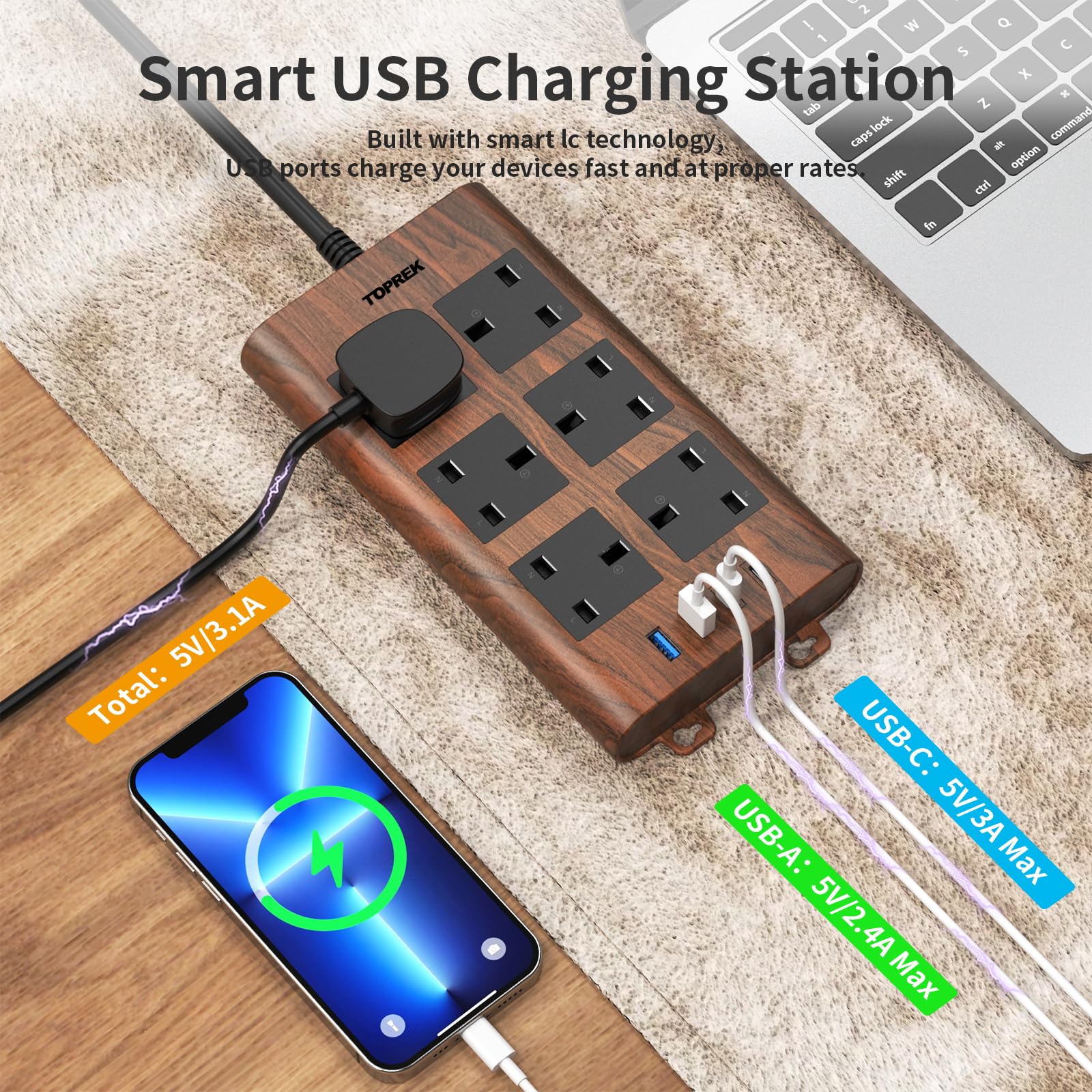TOPREK Holzmaserung 6 Wege Verlängerungskabel mit USB-Steckplätzen, Überspannungsschutz, 2USB-A & 2USB-C & 1 Schalter, 13A/3250W, Braun Verlängerungskabel 5M für Home Office Küche
