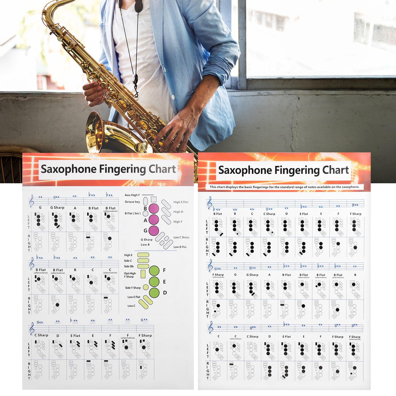 Tableau de Doigté de Saxophone, Guide de Base avec Diagrammes D'accords Universels, Papier Couché Portable, Stockage sur Tube de Papier Long