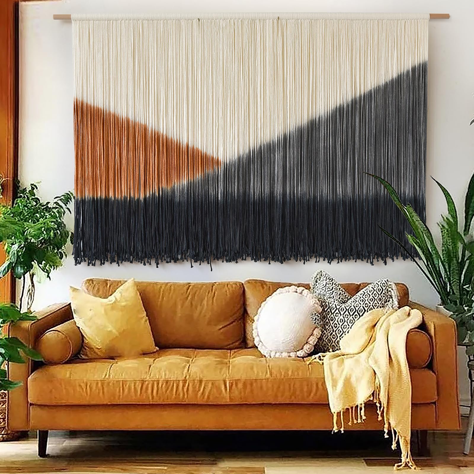 Tapiz de macramé para colgar en la pared, grande, 144 cm de ancho x 89 cm de largo, tejido bohemio, hecho a mano, tres tonos, para sala de estar, dormitorio, decoración del hogar, arte de fibra