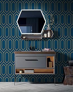 Safiyya Gold and Blue Peel and Stick Wallpaper Geometric Contact Paper W...