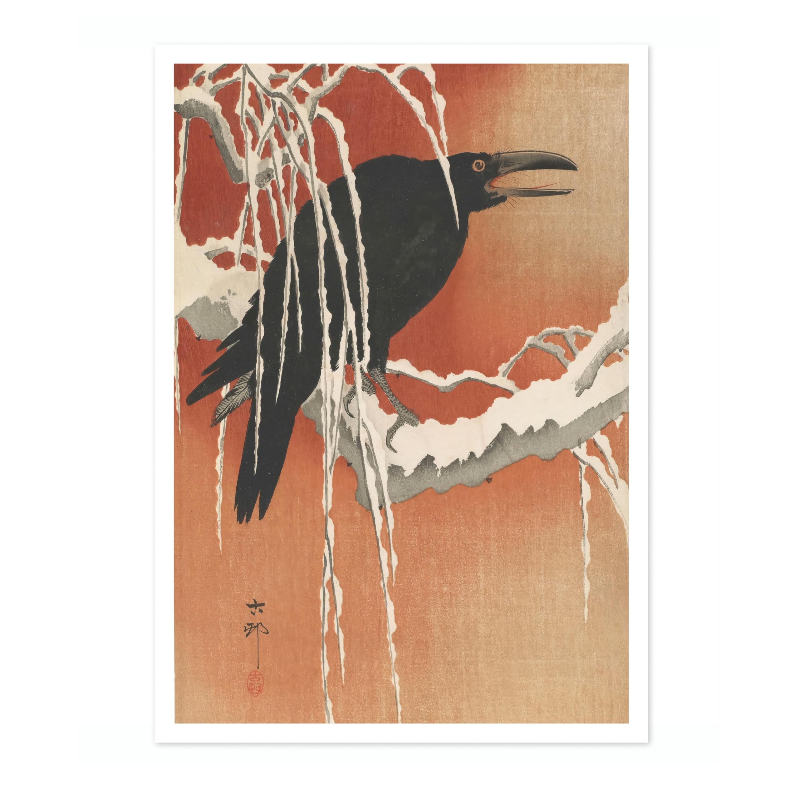 Crow On A Snowy Branch At Sunset Ohara Koson Poster, Japanese Woodblock Ukiyo-E Print, Vintage Bird Art Picture Animal Painting Wall Art, Birds Home Decor, A3 (Print Only) - 42x29.7cm — image 1