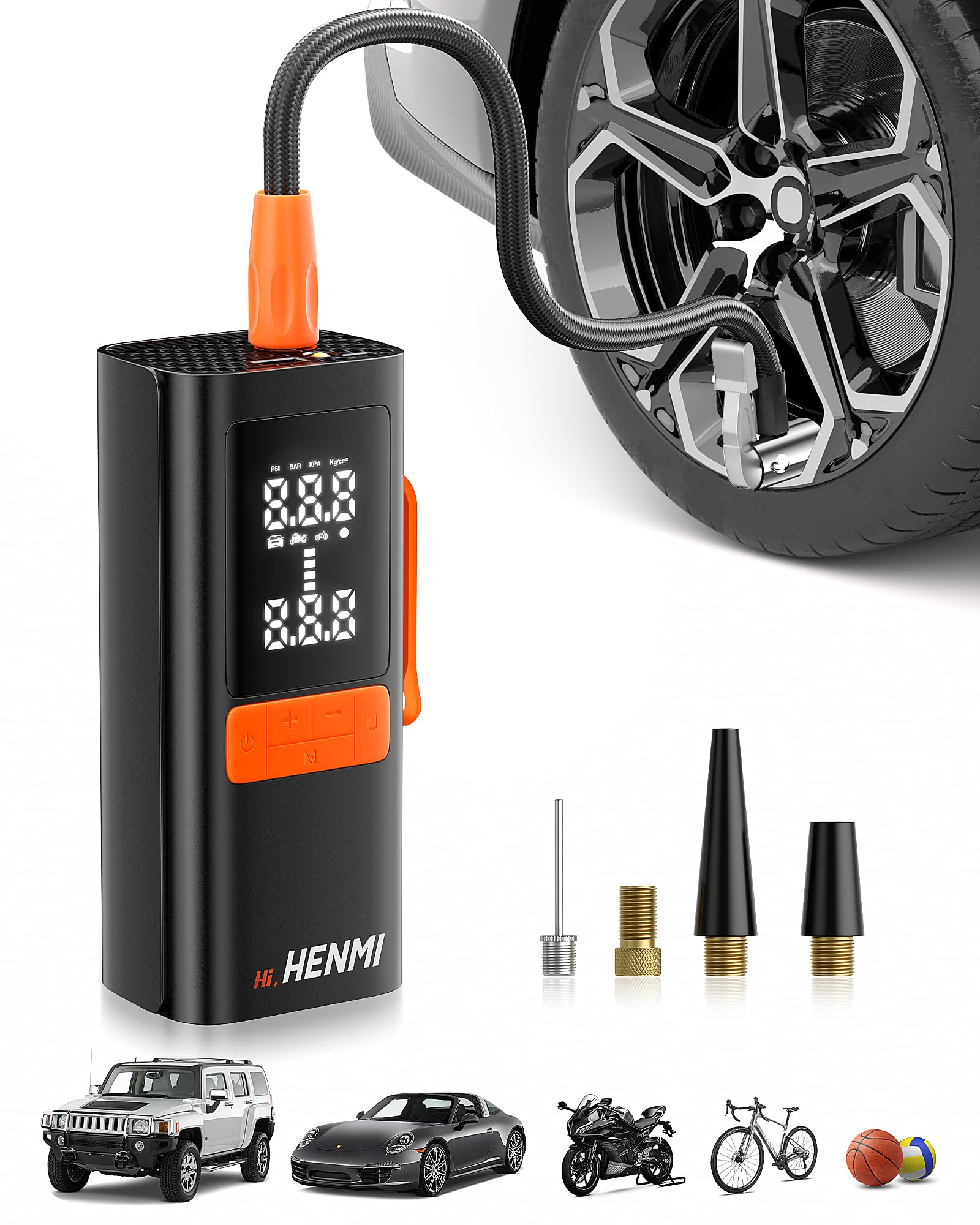 HENMI Elektrische Luftpumpe, Akku Luftpumpe Auto mit alle ventile (10,3-11,7 Bar), 7500-18000 mAh Fahrradpumpe Elektrisch mit Digitalanzeige Manometer für Fahrrad, EBike, Wohnmobil, Bälle