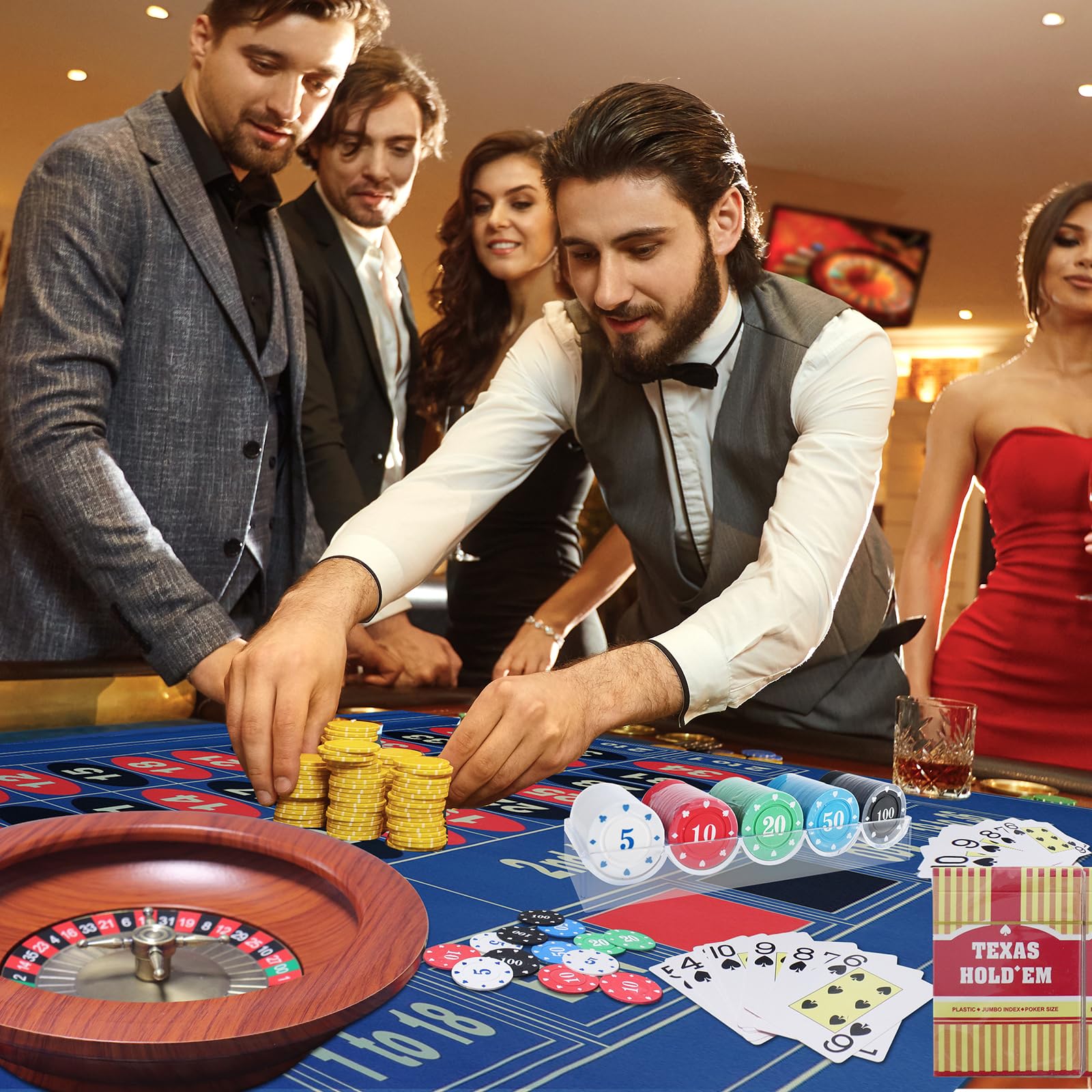Set di ruote per roulette, giochi da tavolo per roulette con ruota da roulette in legno massello da 11 pollici, tappetino da casinò in feltro double face, 91,4 x 182,9 cm, 100 fiches da