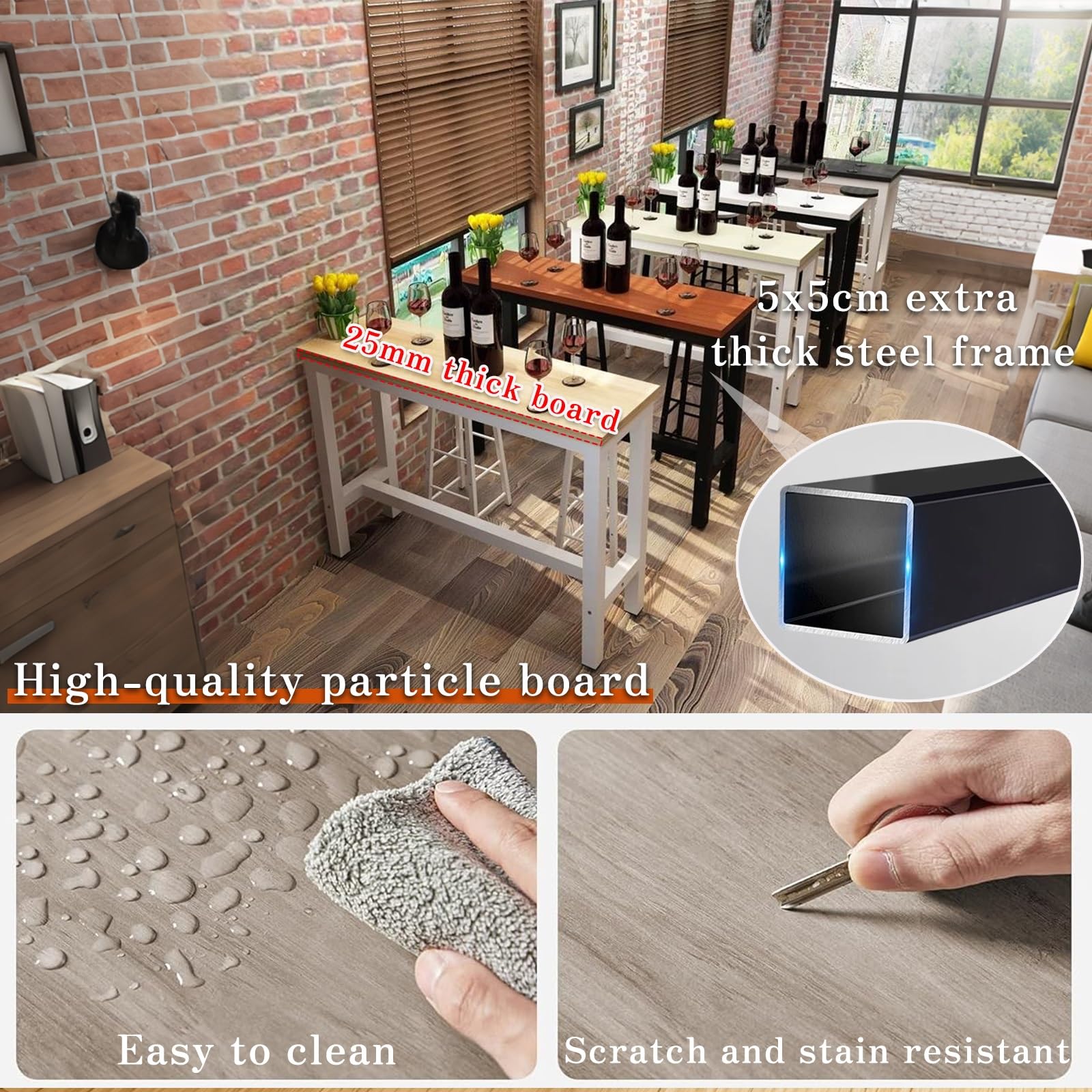 Table de bar de cuisine en noyer clair – 120 x 40 x 100 cm avec cadre en métal et capacité de 150 kg – Bureau café élégant pour salle à manger et divertissement à la maison