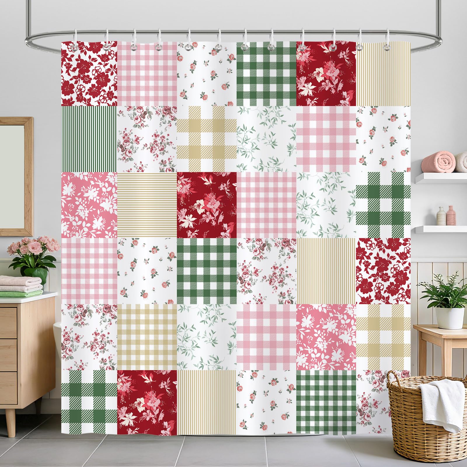 COZZSNUGE Cute Checkered Floral Shower Curtain, Boho Pink Green Patchwork Flower Plaid Retro Bathroom Curtain 180 x 180 cm, Water Repellent Mildew Resistant Polyester with 12 Hooks