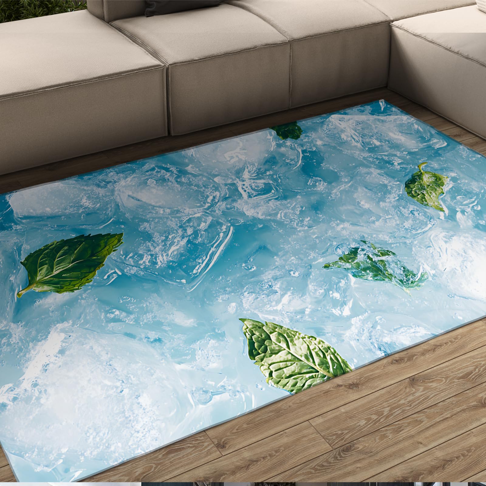 Tapis antidérapant et lavable motif glaçons vert menthe, tapis de sol fin 140 x 180 cm