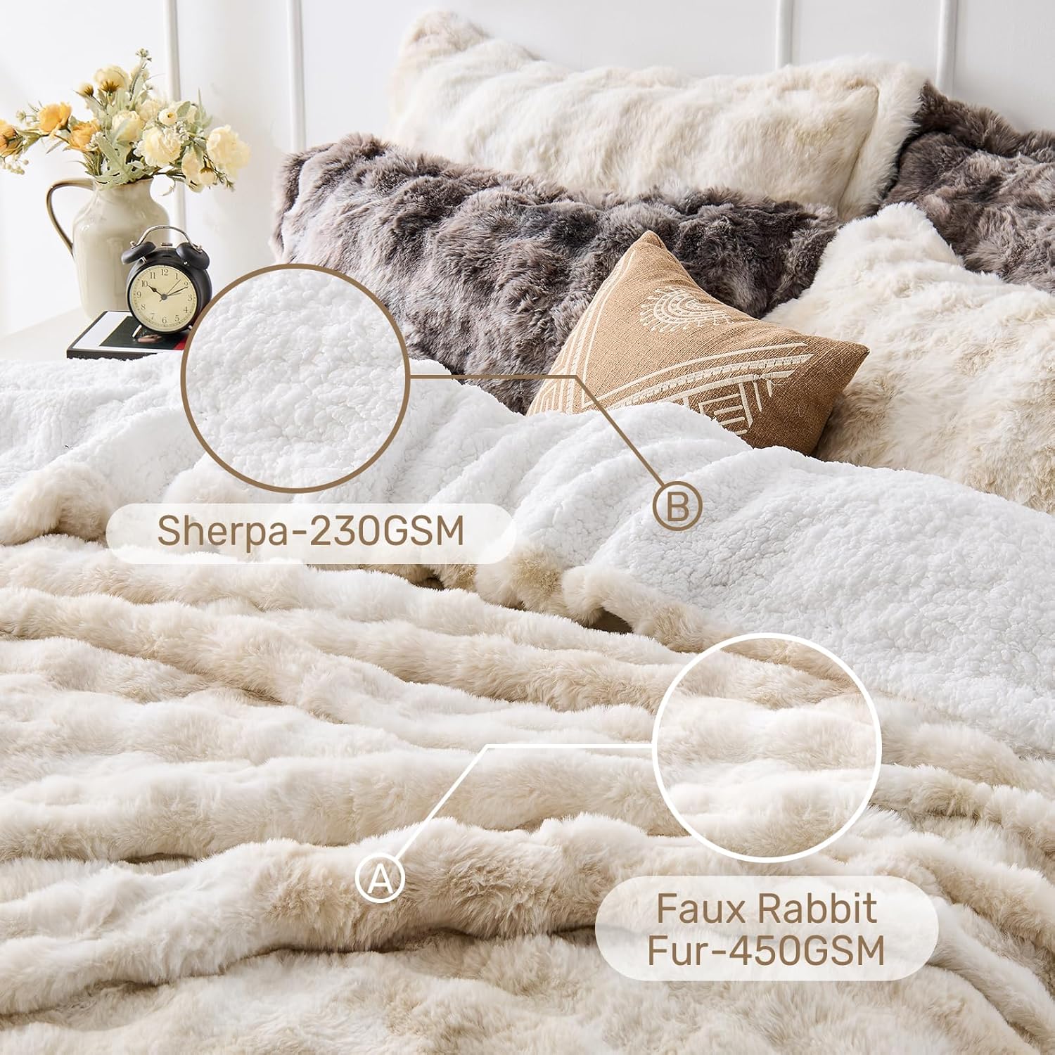 Peace nest Fluffy Rabbit Faux Fur Bedding Queen Comforter Set Ultra Soft Plush Winter Tie-Dye Bubble Sherpa Reversible Comforters 3 Pieces Sets with 1 Comforter 2 Pillow Shams Brown - Image 5