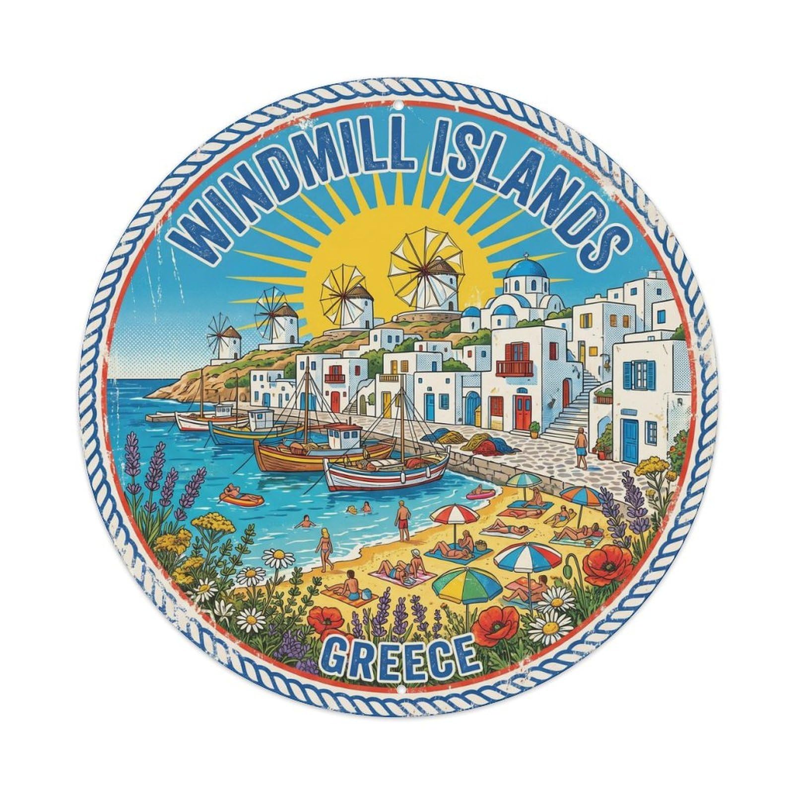 Vintage Travel Windmill Islands Greece Metal Tin Sign Plaque Wall Decor for Cafe, Club, Garden Round Metal Poster 8x8Inch
