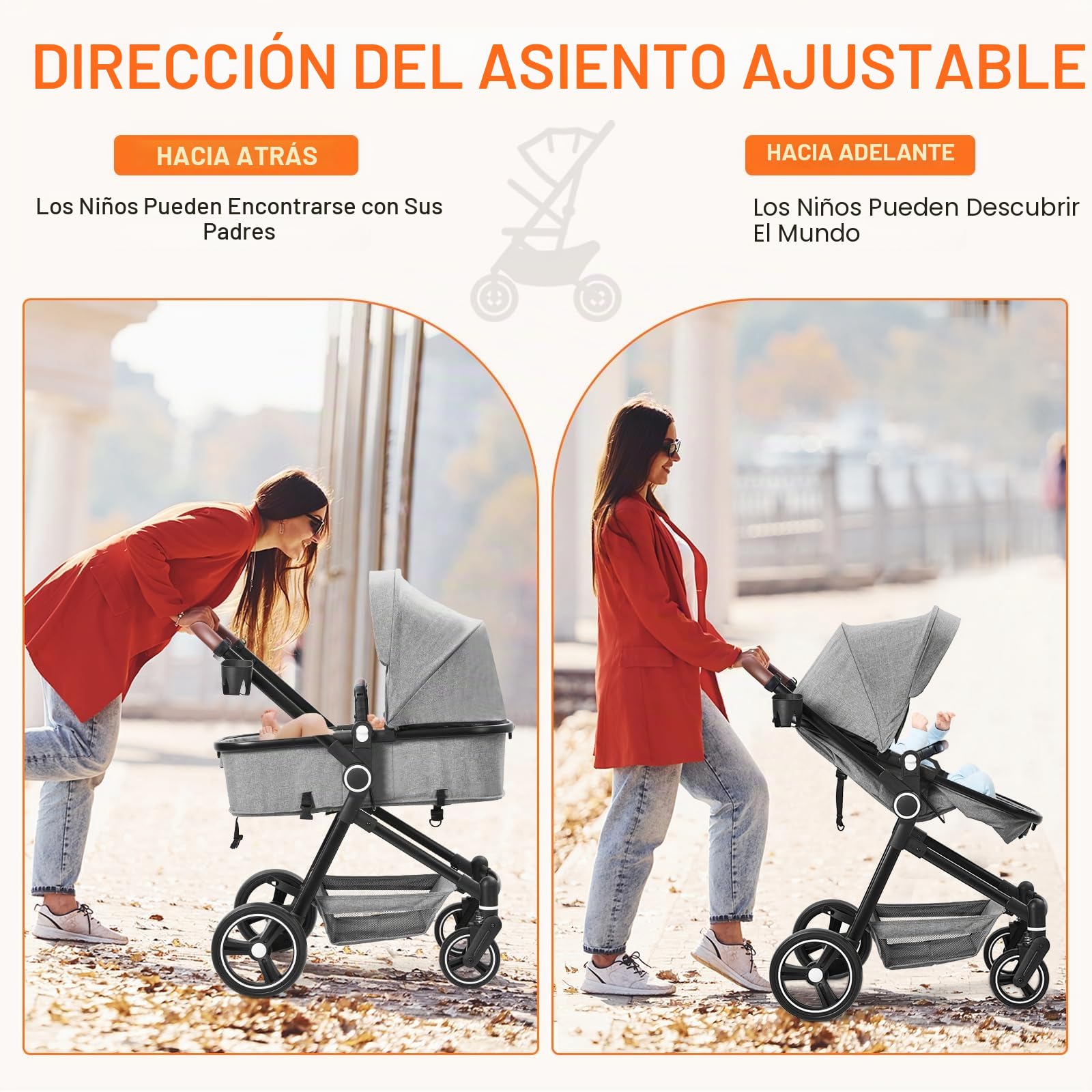 Cochecito 2 en 1, compacto y ligero, plegable, con asiento reclinable, capazo ajustable, para todo tipo de terrenos, 0-3 años (Gris)