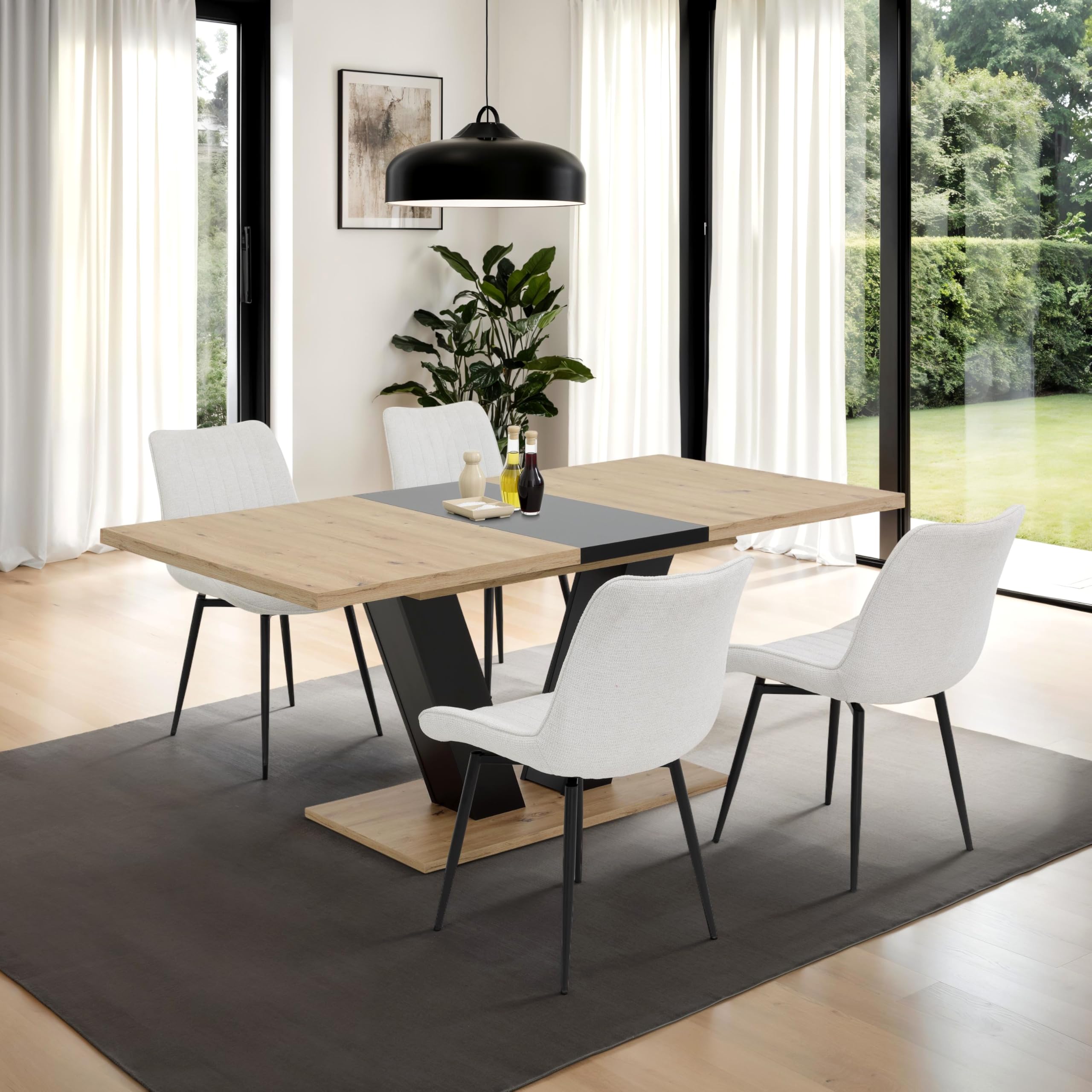 Hela Tische, Ausziehbarer Esstisch Hamm, Dekor Artisan Eiche und Schwarz, 140-180 x 90 cm, V-förmiges Gestell, Synchronauszug, Melaminbeschichtung und ABS Kante