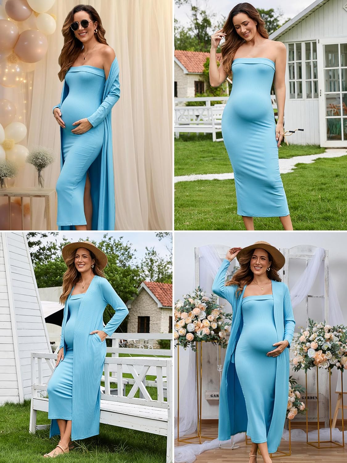 Ecavus Maternity Tube Dress Long Cardigan 2 Piece for Baby Shower and Wedding Guest Ribbed Maternity Photoshoot Dresses - Image 4