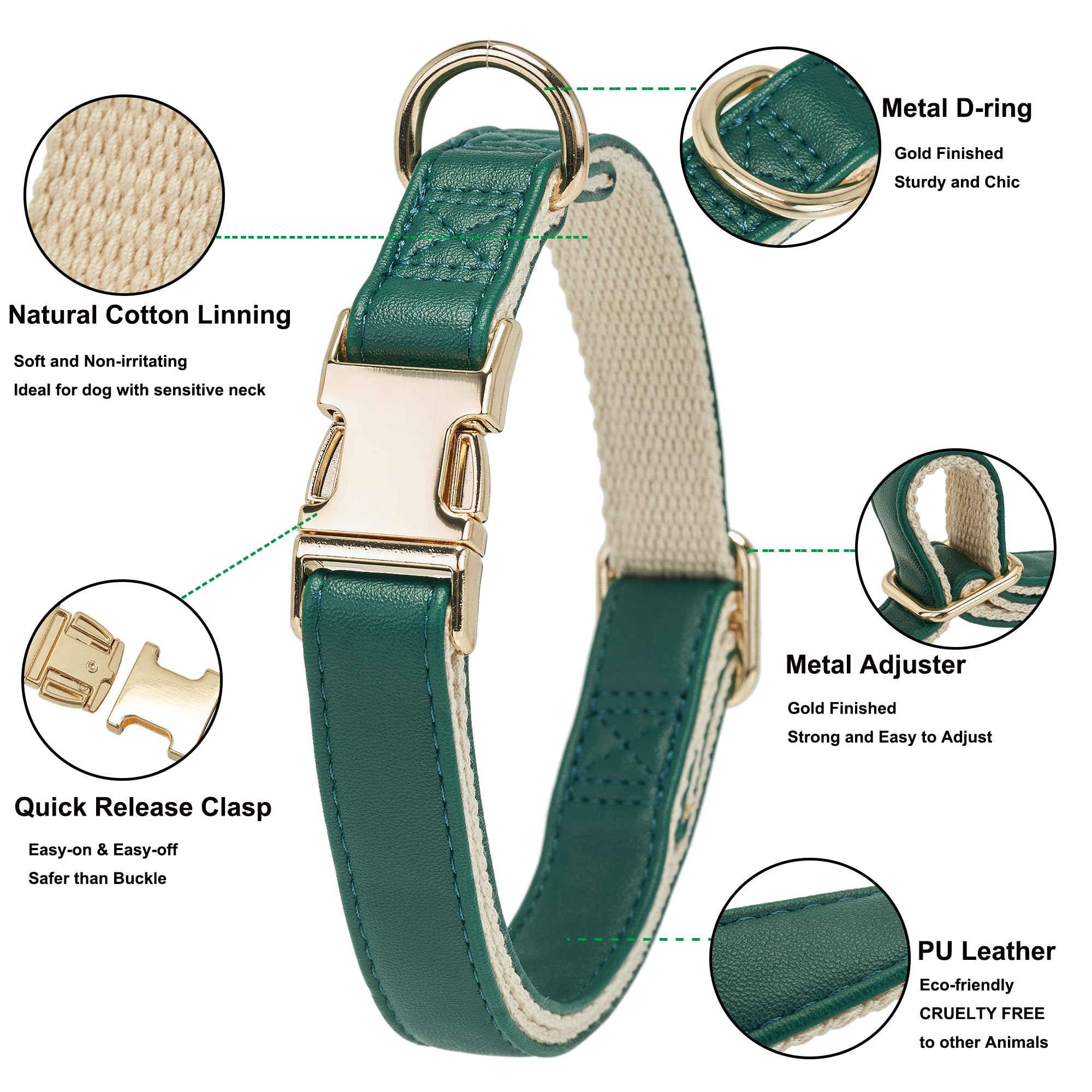 YUDOTE Soft Leather Dog Collars with Safety Quick Release Metal Buckle,Natural Cotton Padded Pleather Collar for Puppies with Senstive Skin,Green - Image 4
