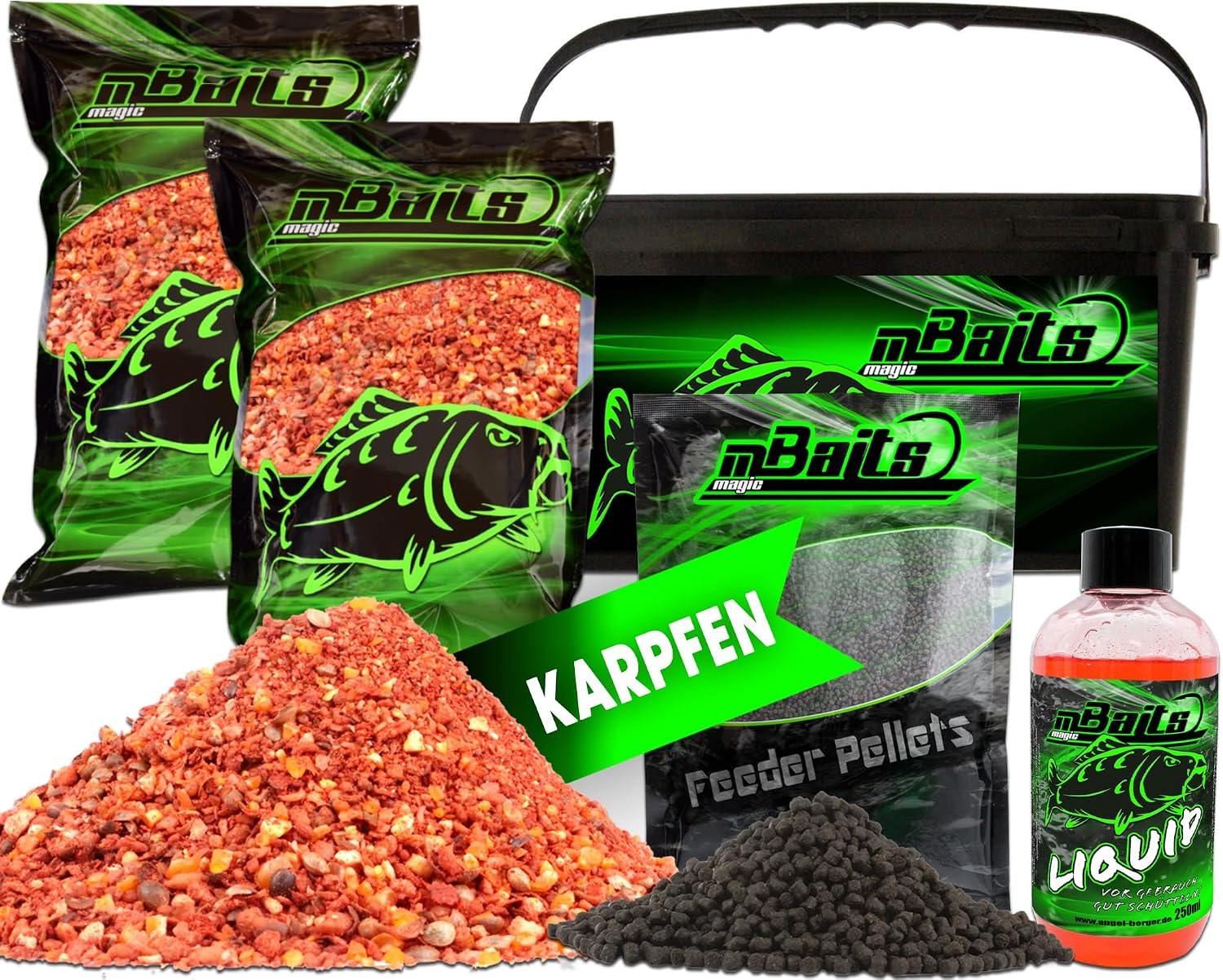 Angel-Berger Futterset Eimer, Groundbait & Pellets