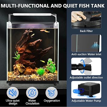 Fishkeeper 5ガロンフィッシュタンクスターターキット フィルター付き小型水槽 調節可能な3色照明 セルフクリーニングフィッシュボウル 縁なし水槽初心者用淡水魚タンク