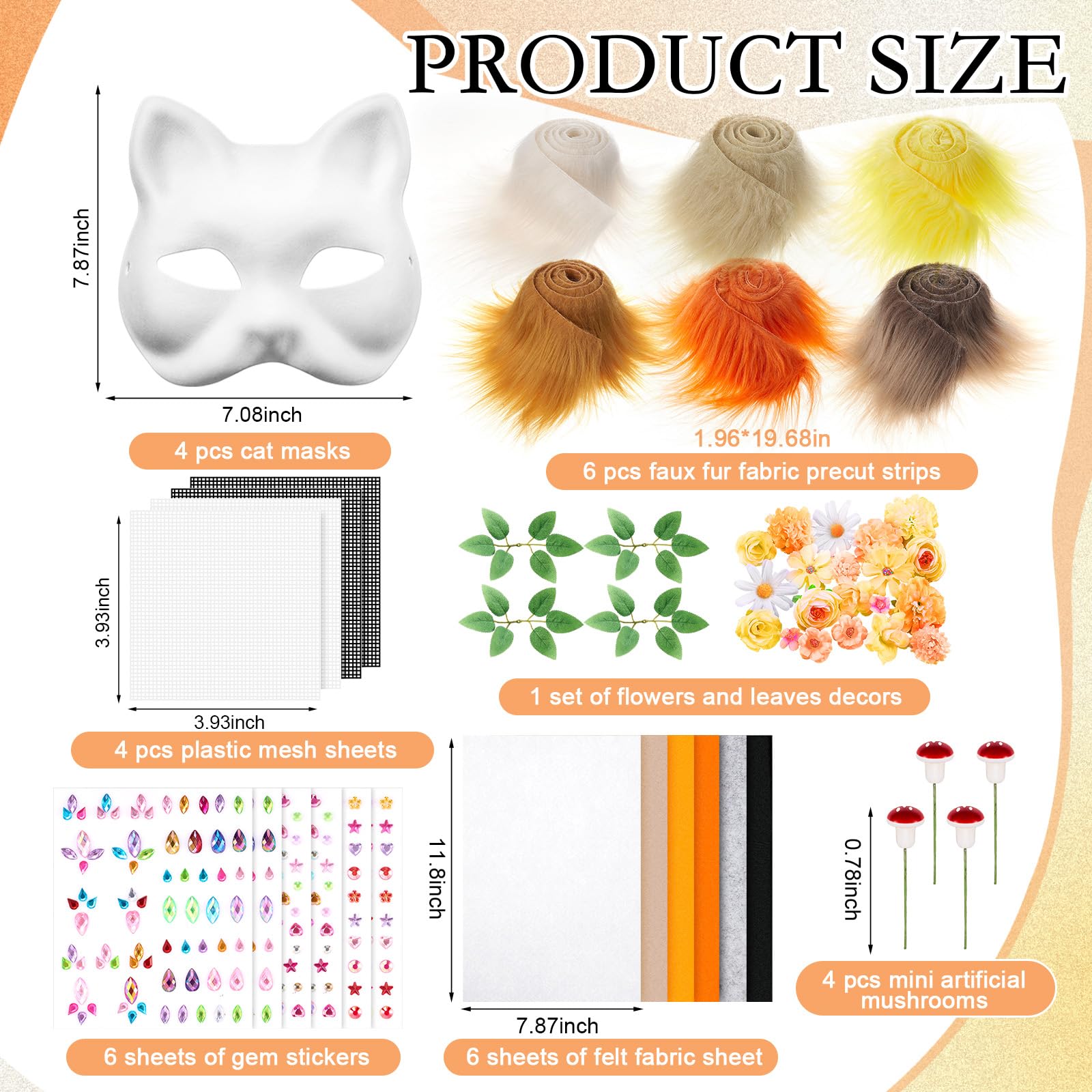 Seenelling 31 Pcs DIY Therian Mask Kit Blank Cat Mask Material Kit Accessories Set for Therian Gear Stuff (Orange)