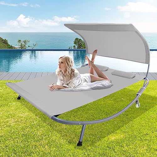 Funny Sunny Double Chaise Lounge with Wheels, Patio Lounge Bed with Canopy and Pillow, Portable Removable Sunlight Beach Daybed Lounger, Perfect for Patio Garden Poolside,Gray