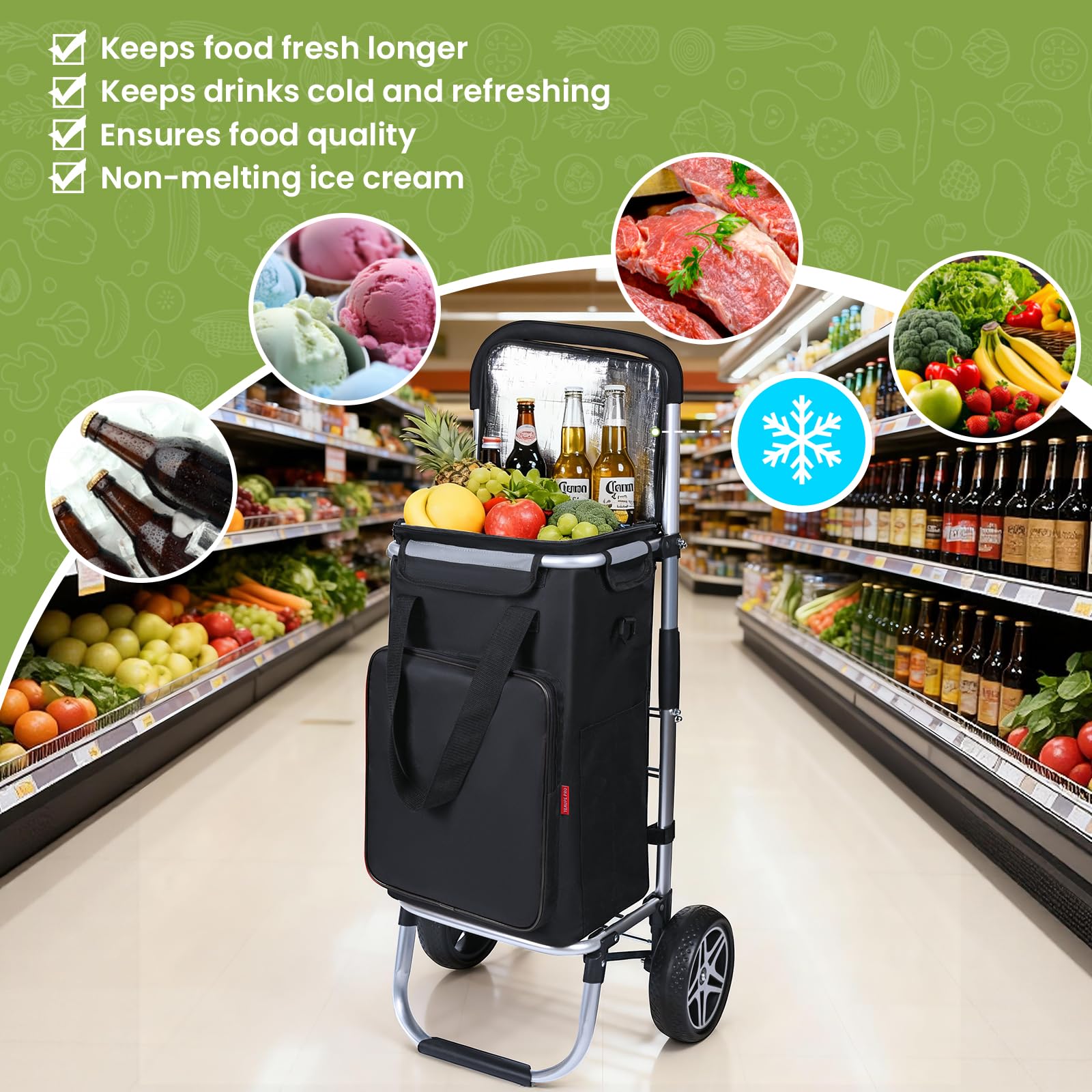 YEAUPE PRO Einkaufswagen mit Kühlfach | max. 47L & 25kg Traglast | Klappbarer 3in-1 Trolley Sackkarre und Umhängetasche | Handwagen, Shopper, Einkaufsroller, Schwarz