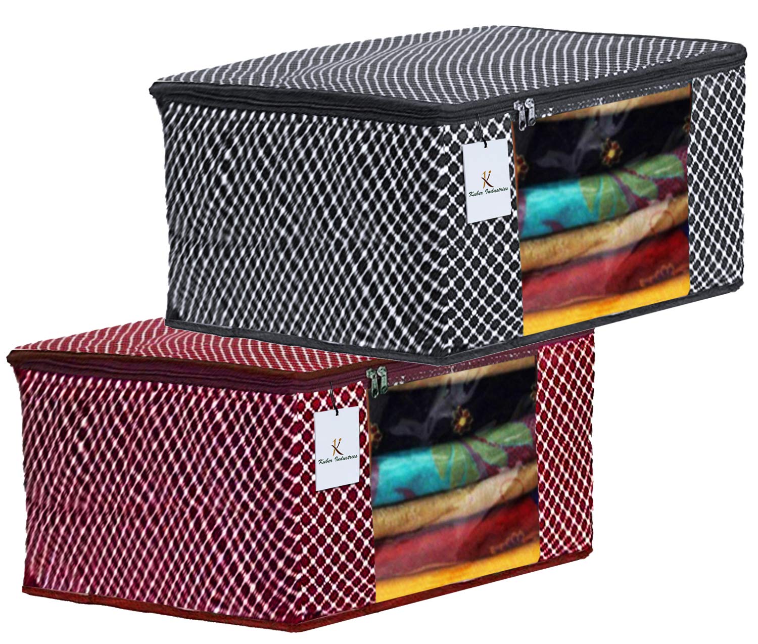 Kuber Industries Cotton 3 Layered Quilted Saree Cover|Polka Dots & Sturdy Material|Zipper Closure & Transparent Window |Pack of 2 (Maroon & Black)