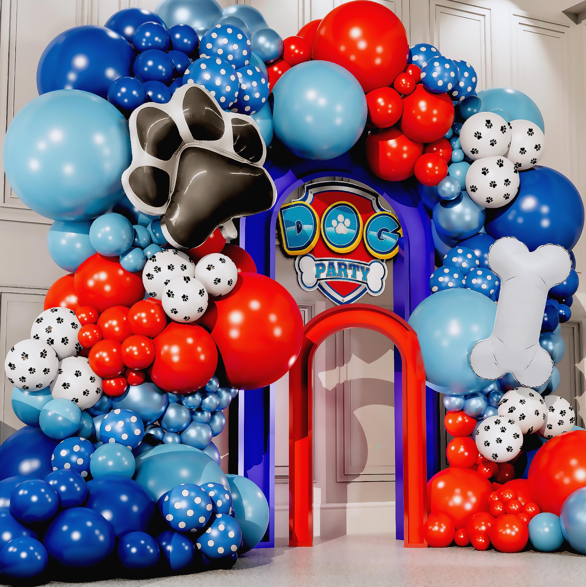 ALL-IN-1 Paw Balloon Arch & Garland Kit with BONUS Dog Bone – Small and Large Red, Dark Blue Paw Balloons – Paw Birthday Party Decorations & Supplies – Boy
