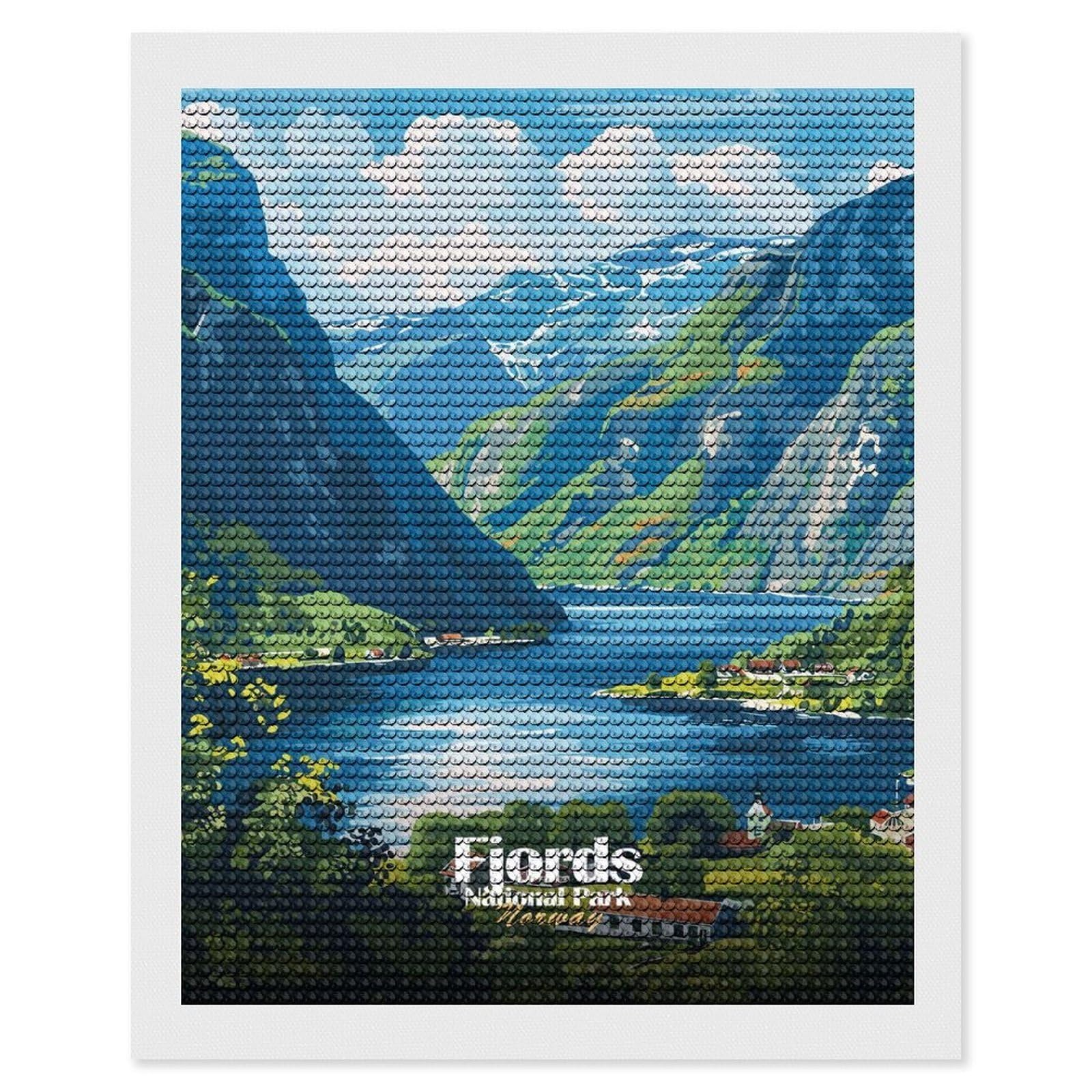 Junmoney Fjords National Park Norway Travel DIY Diamond Art Canvas Kit 16"x20", for Teens, Finish and Display, Holiday Gift Idea, Vintage Style Decor