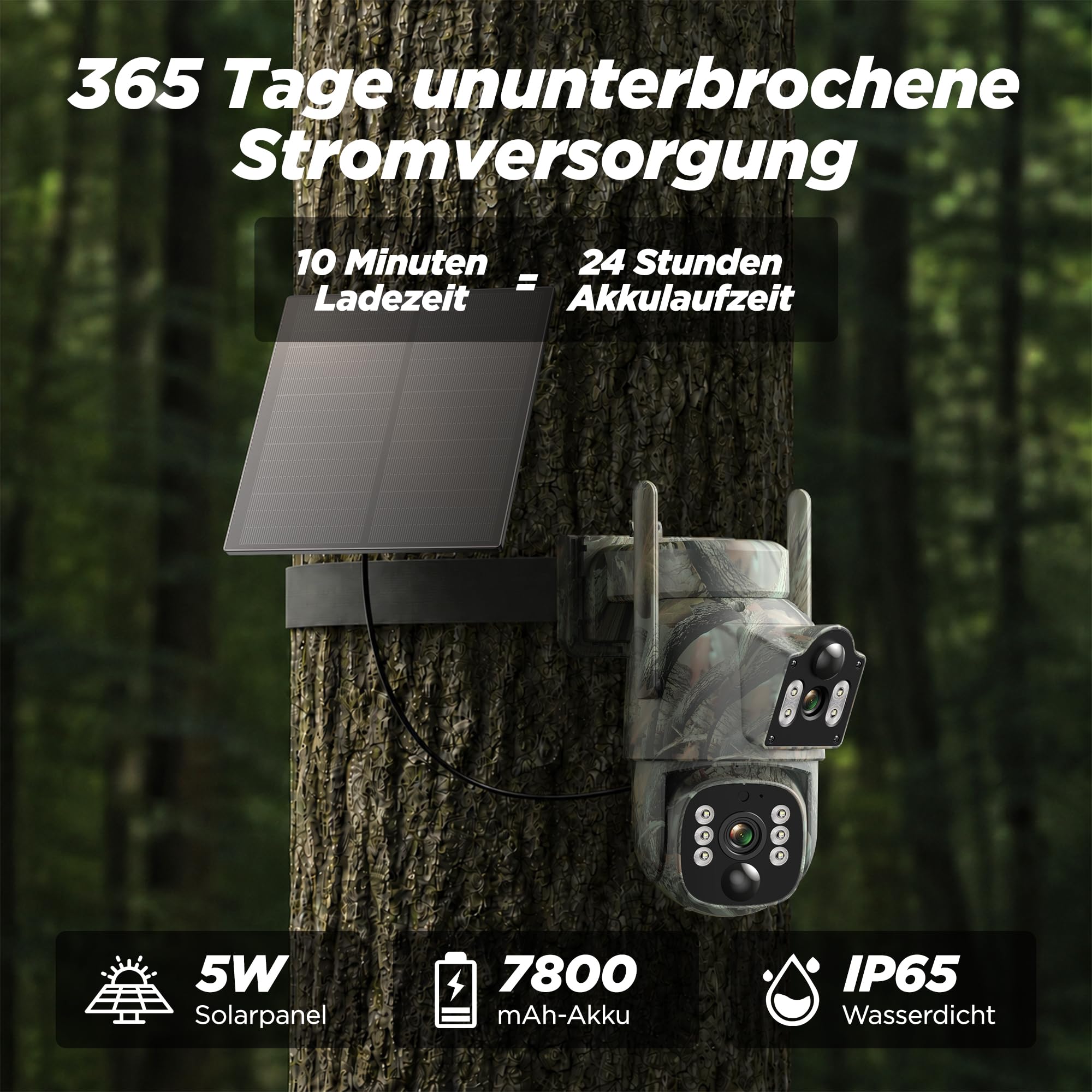 VOOPEAK 4G LTE Wildkamera mit SIM-Karte, Dual-Objektiv, 2K Livebild, Solar