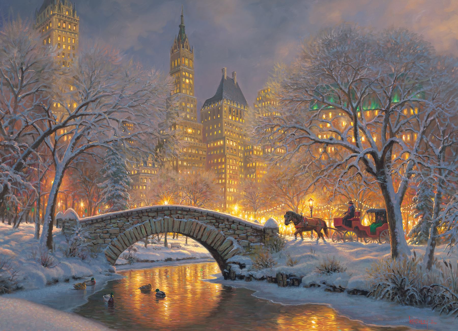 Cobble Hill 500 Piece Puzzle - Winter in The Park - Sample Poster Included, White, Gray, Brown With Warm Accents, 26.625" X 19.25"