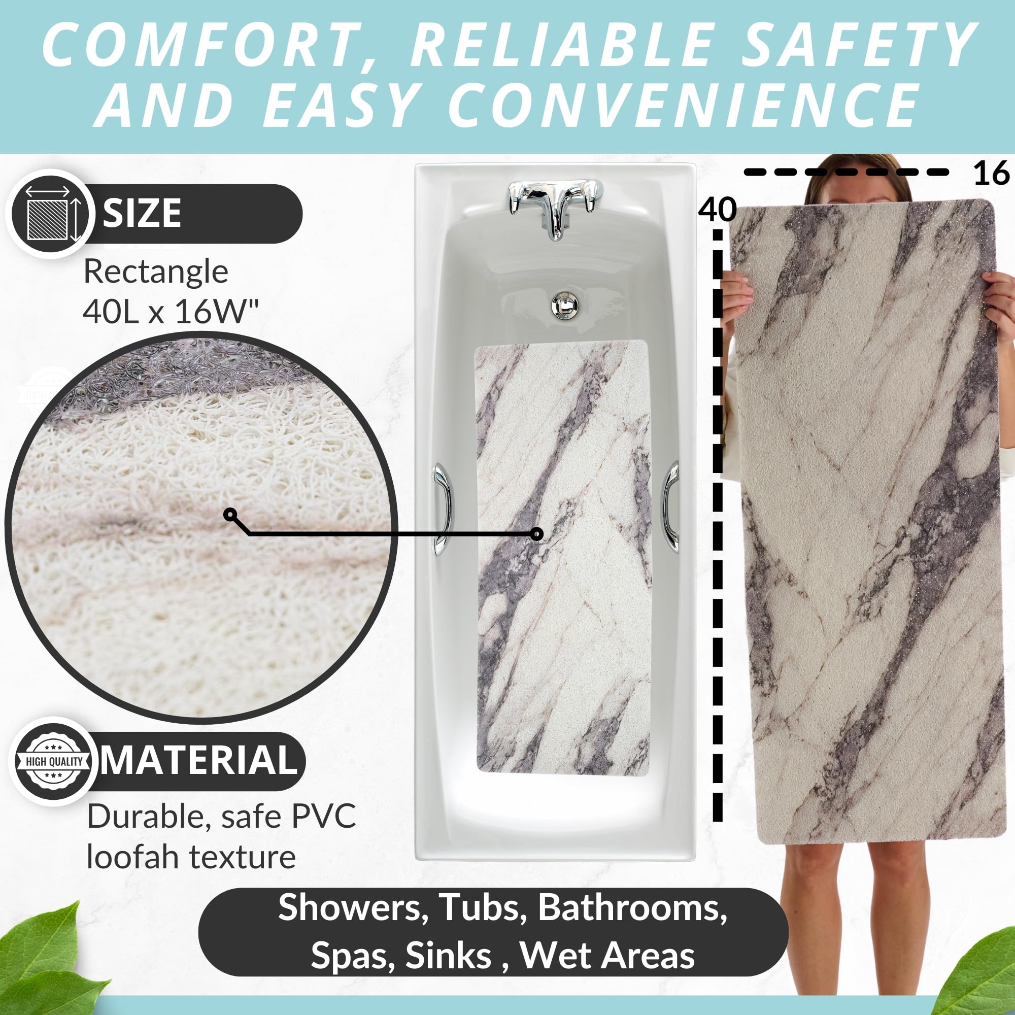 ENKOSI Loofah - Tapete antideslizante para ducha, tapete para ducha interior, tapete para ducha interior (mármol gris, 40 x 16)