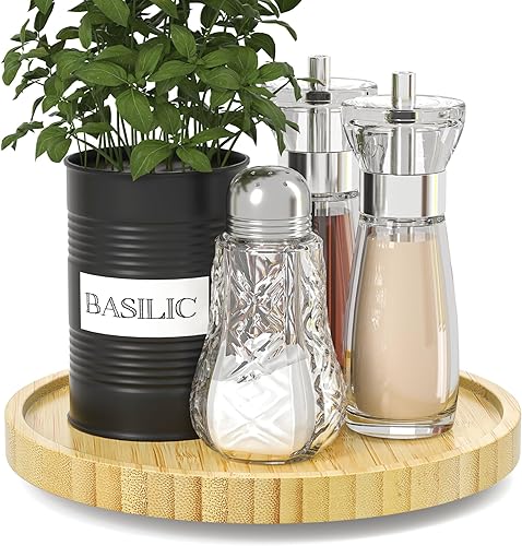 Lazy Susan Organizador para armario de mesa, organizador de encimera de cocina de bambú de 9 pulgadas para sal, aceite de oliva y pimienta, bandejas