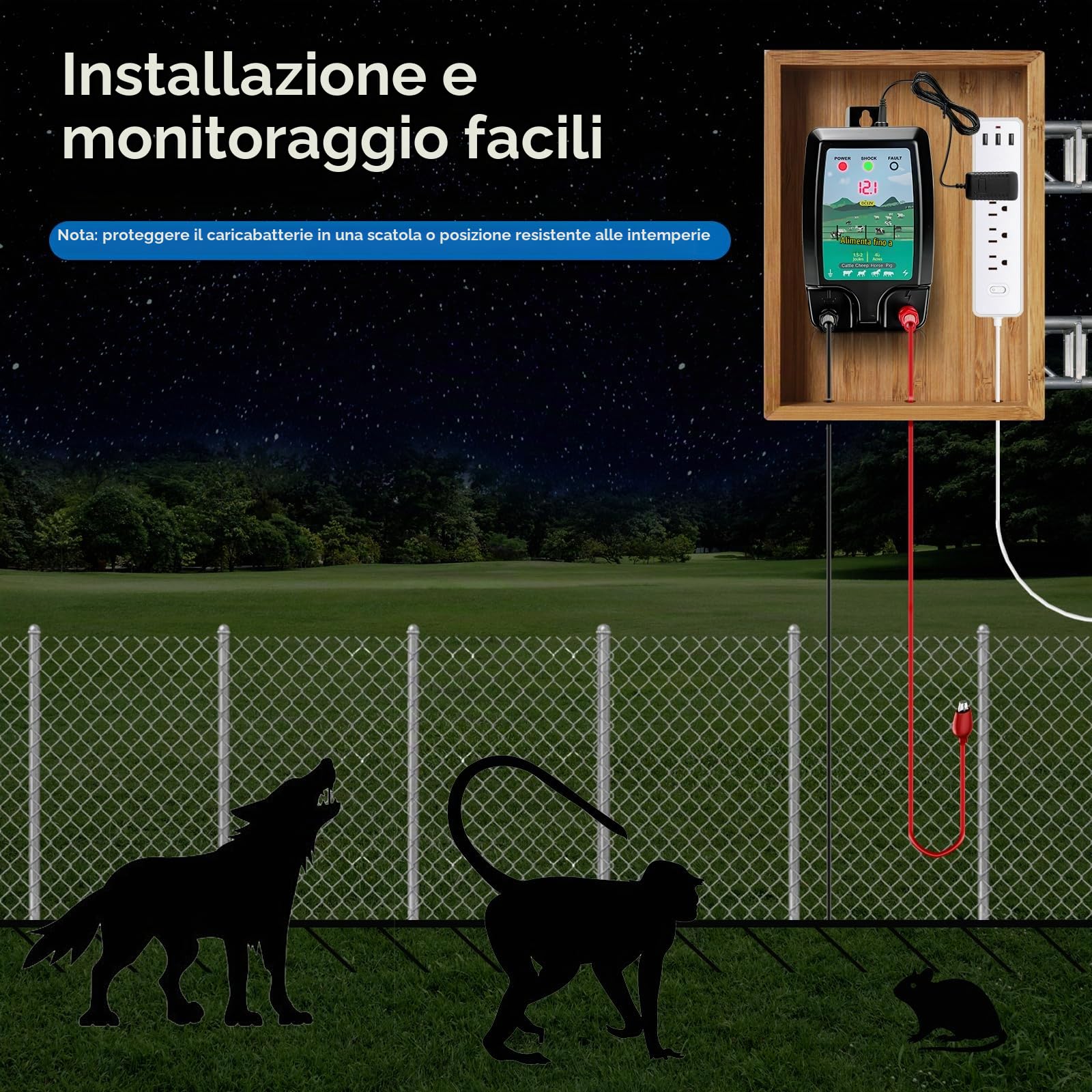 Elettrificatore per Recinto Elettrico 10km, Recinti Elettrici Con display a LED, Rete Elettrificata per Animali, Allevamento Di Pollame, Cinghiali, Cani, Polli