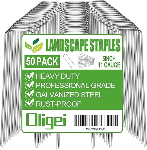 Miniatura 1 de Paquete de 50 estacas de jardín, estacas en forma de U, grapas de paisaje galvanizadas, estacas de tierra, para paisajismo, asegurar tela de barrera