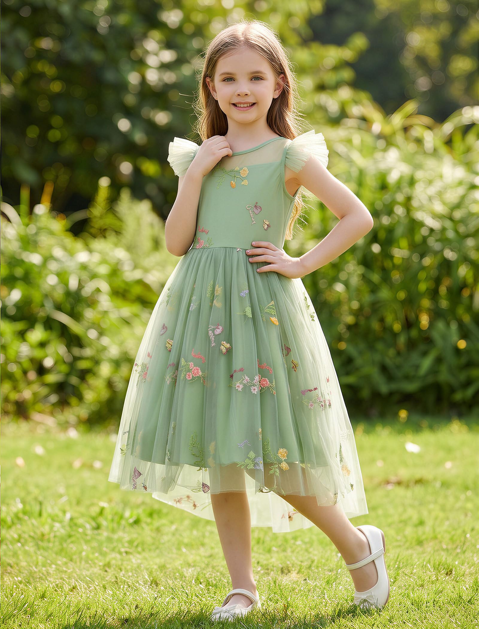 IBTOM CASTLE Mädchen Tüllkleid Rüschenärmel Blumenstickerei Stern Pailletten Tutu Kleider Geburtstag Hochzeit Party formelles Outfit