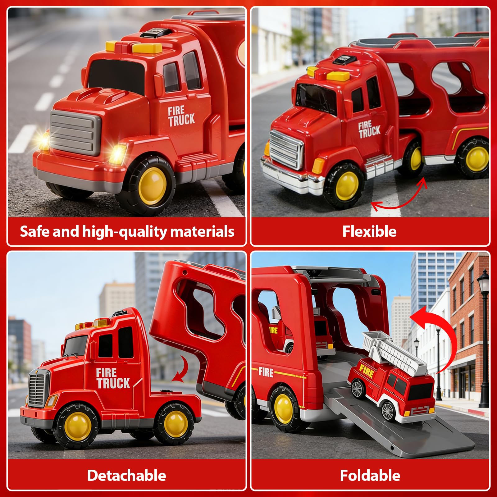 Camión De Bomberos 7 En 1 Con 4 Mini Vehículos, Sonido Y Luces, Fricción, Para Niños De 3 A 7 Años (Incluye Helicóptero Y Barco)