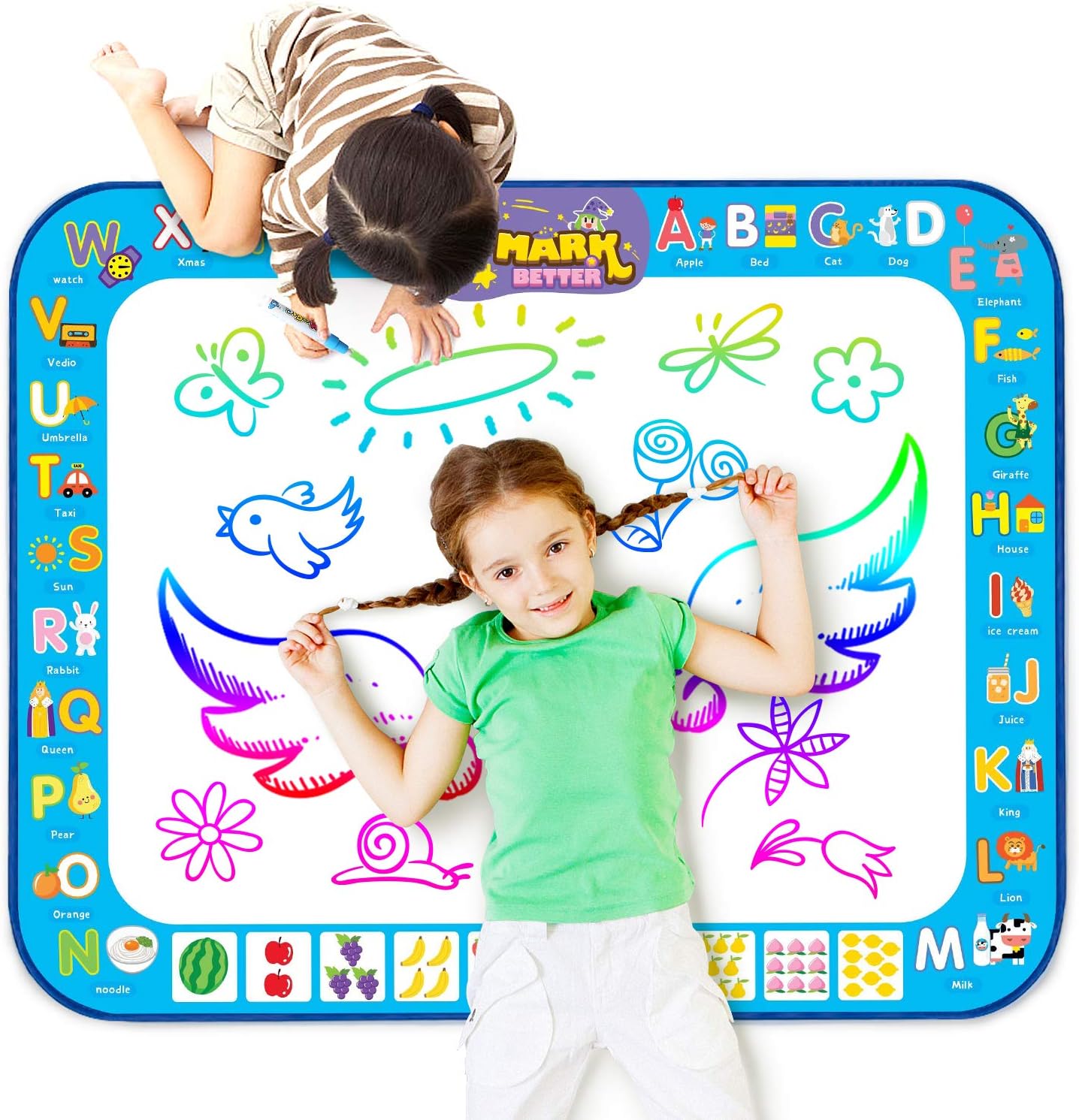 Aqua Drawing Mat Gift Set Extra Large Size 38.4''X29.5'' Reusable Multi-Color Water Coloring Drawing Toy with 3 Water pens and Painting Tools for Kids to Enjoy Together