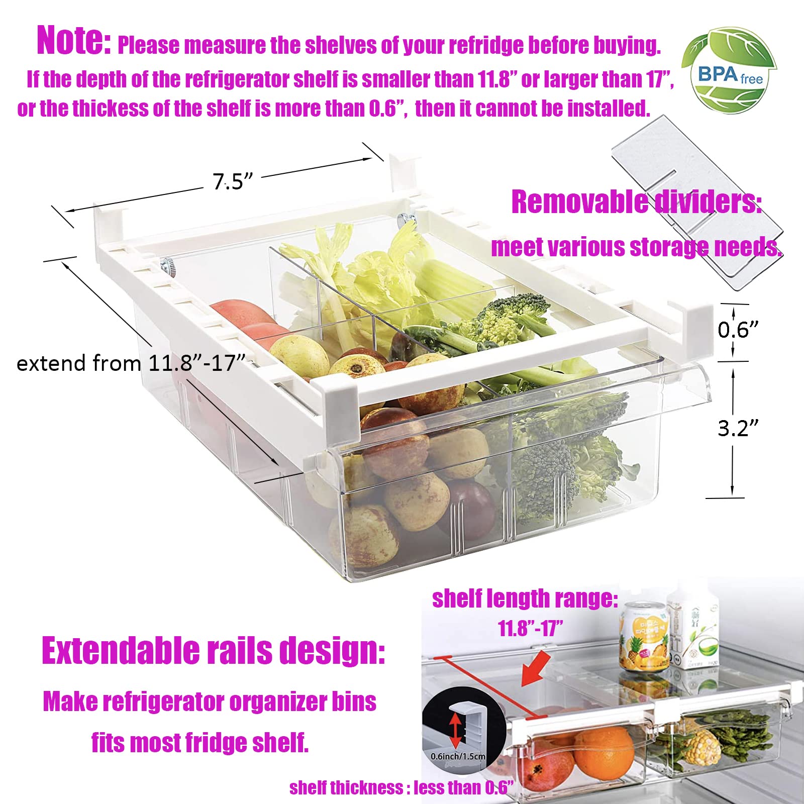 2 Pack Fridge Drawer Organizer, Refrigerator Organizer Bins, Pull-out Refrigerator Storage Drawer Bins, Refrigerator Storage Box Shelf Holder Vegetable Veggies Fruit Food Container