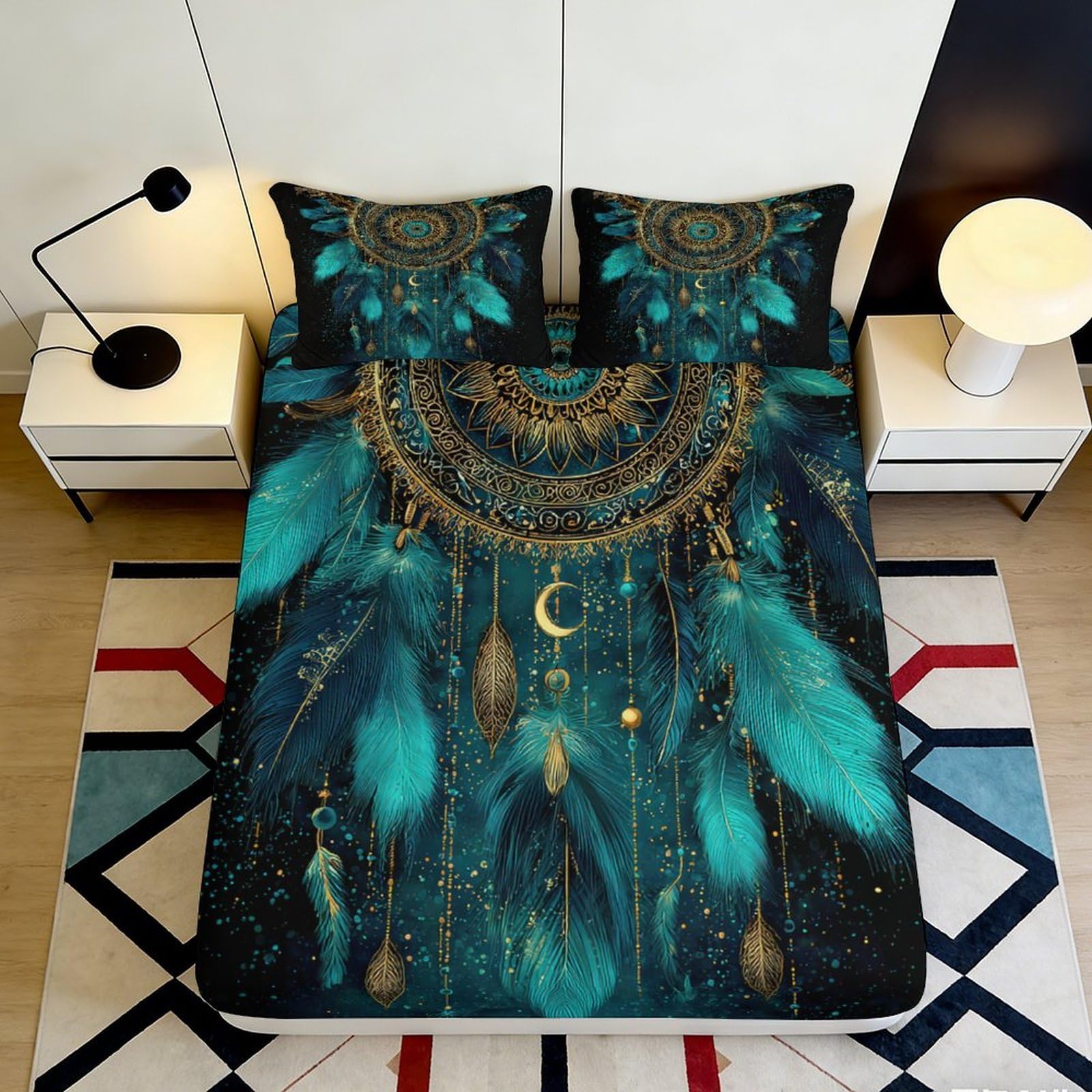 3D Printed Dreamcatcher Feather Fitted Sheet Microfiber Deep Pocket Bedding Set Dreamcatcher Feather Mattress Fitted Cover Washable Wrap 140x200x25cm