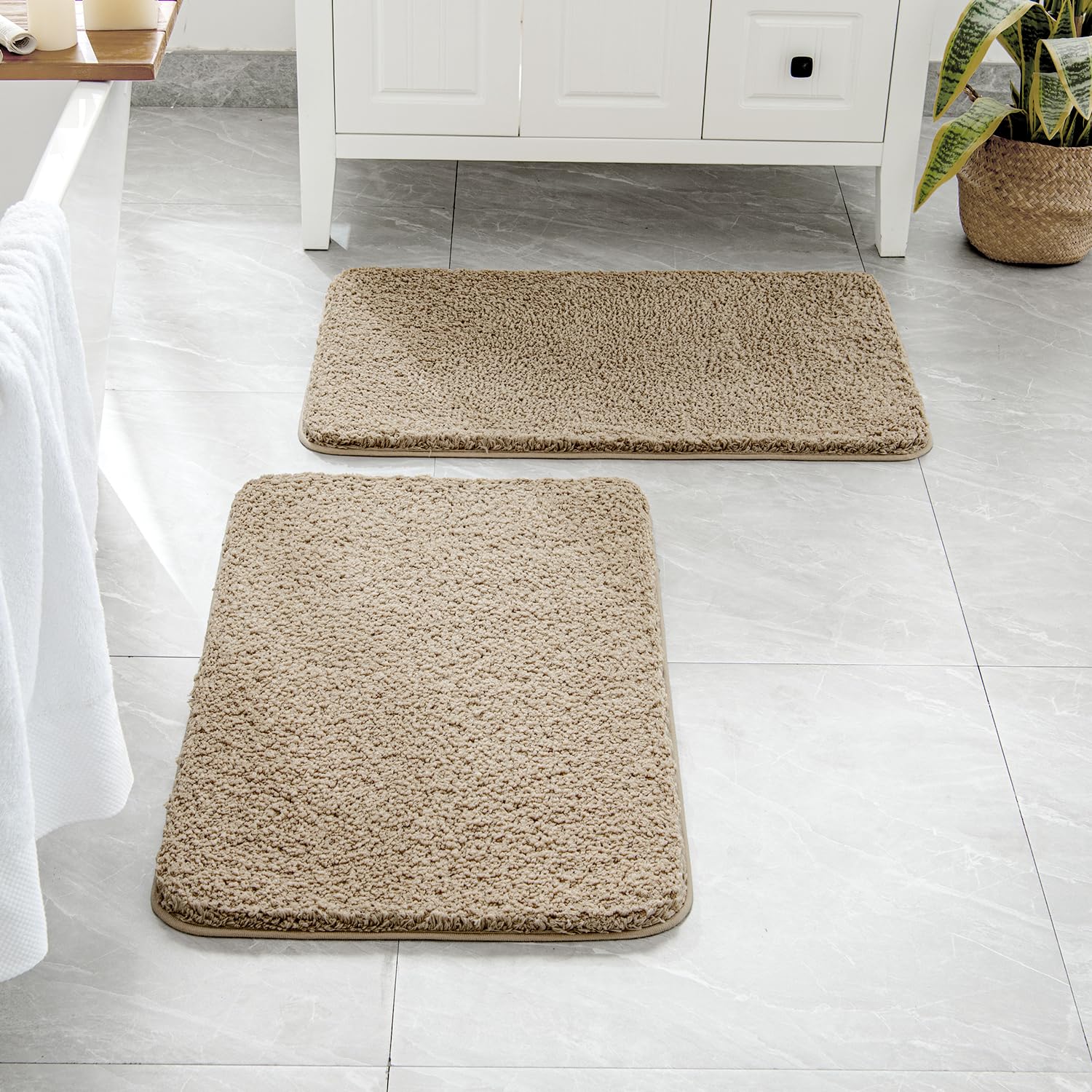 MIULEE Tan Bathroom Rugs Set 2 Piece, Soft Absorbent Microfiber Bath Mat Set, Non Slip Quick Dry Machine Washable Plush Shaggy Bath Rugs for Bathroom