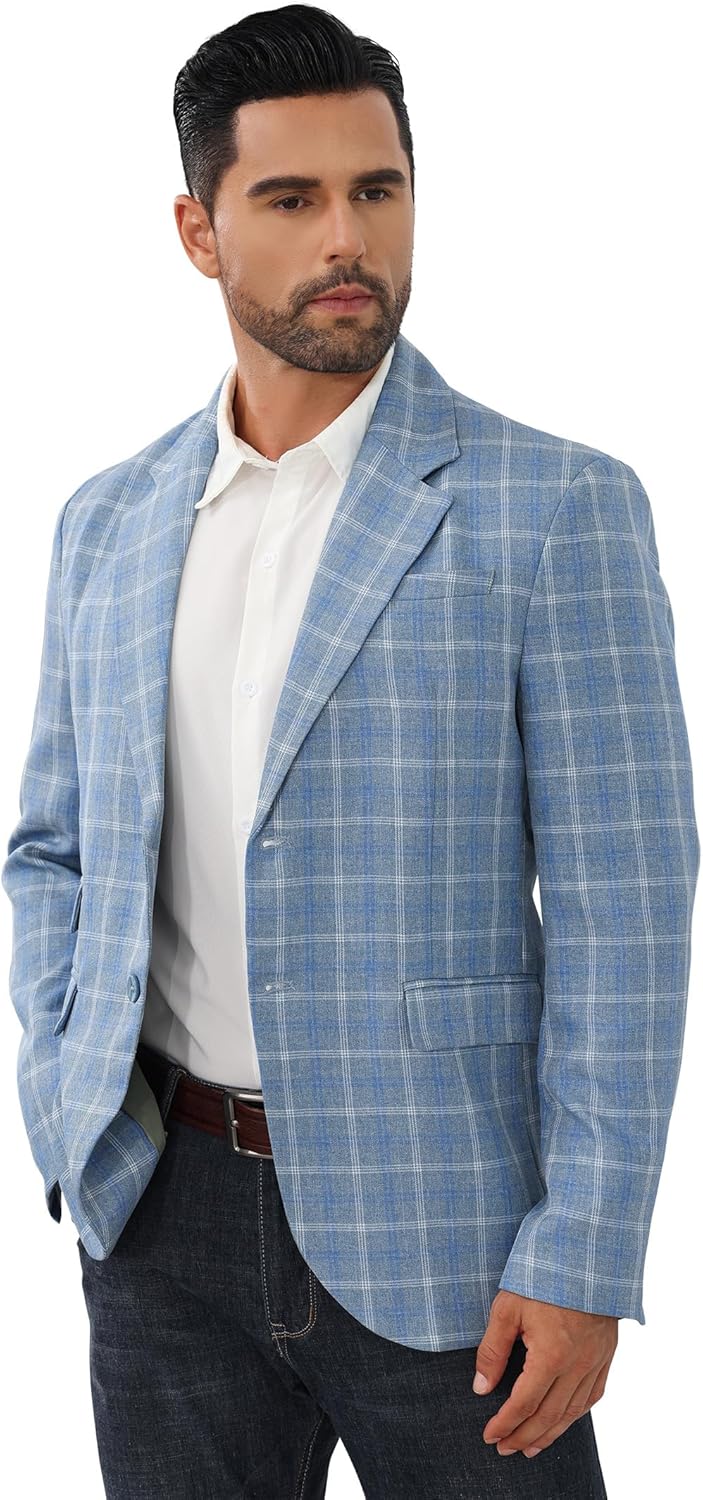 Mens Casual Blazer Suit Jacket Slim Fit Two Button Plaid Blazer Lightweight Sports Jacket for Daily