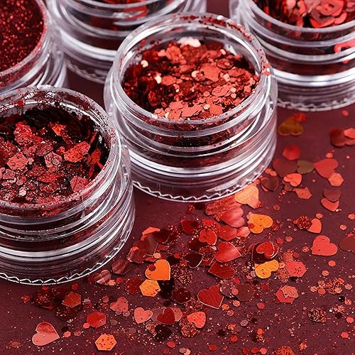 Miniatura 6 de Decoración de uñas de corazón con purpurina roja para el día de San Valentín, copos de lentejuelas para uñas de manicura roja, polvo fino con