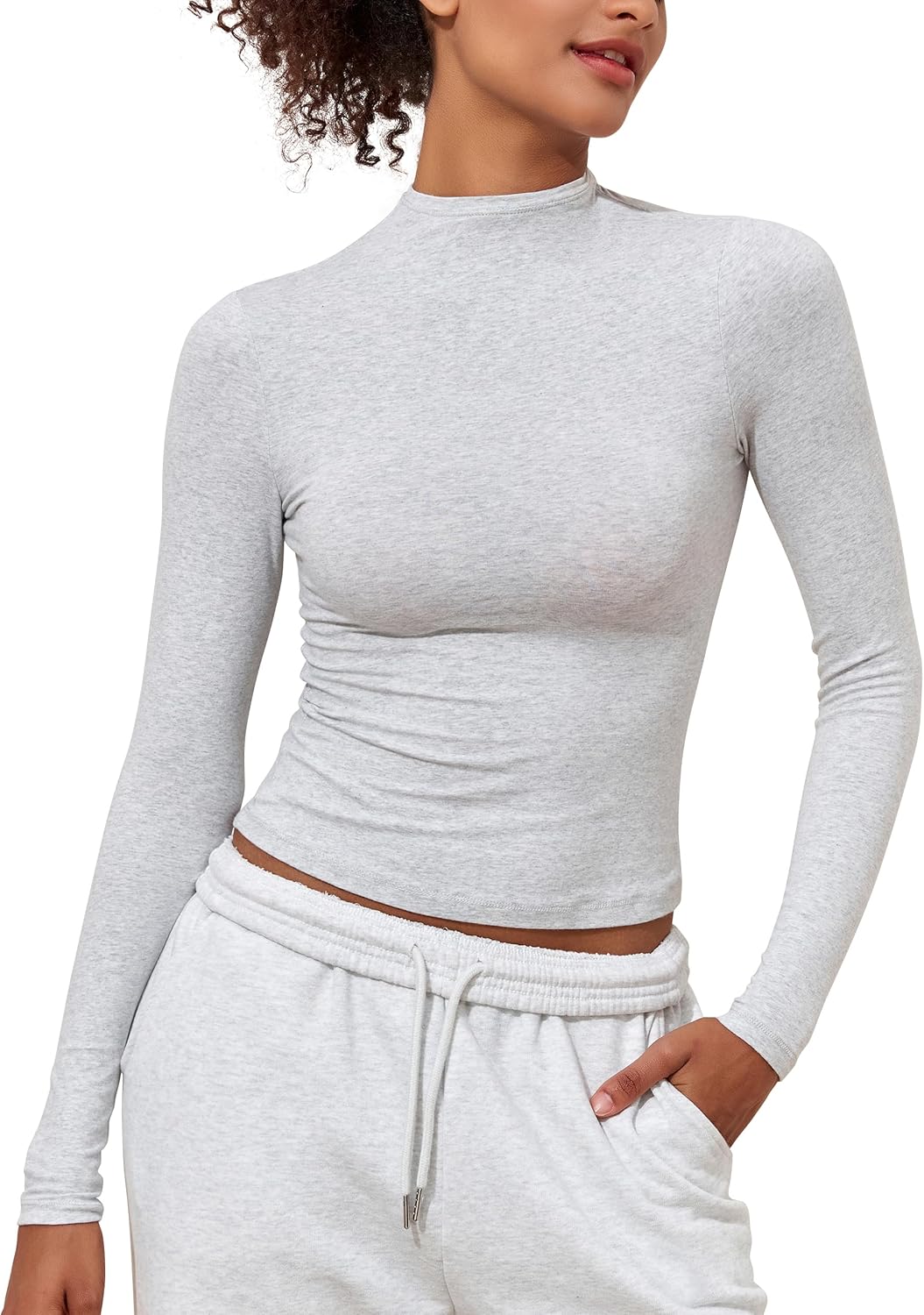 PrettyGuide Women's Cotton Long Sleeve Shirts Mock Neck Basic Tee Tight Fitted Fall Y2K Crop Top Going Out Tops - Image 2