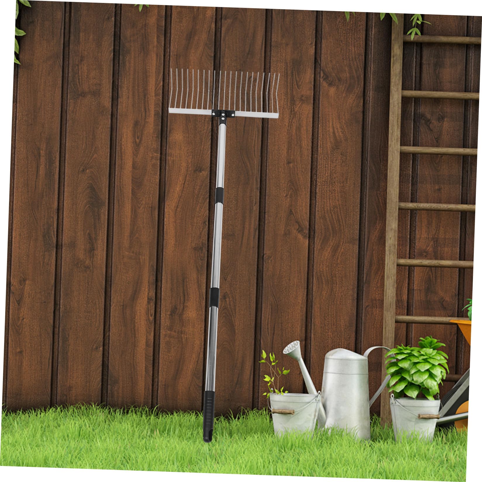 Alasum Metall Laubrechen aus Edelstahl mit 21 Zähnen Robuster Bodenrechen für Gartenbau Heavy Duty Design Verstellbar für Laub und Gras im Garten