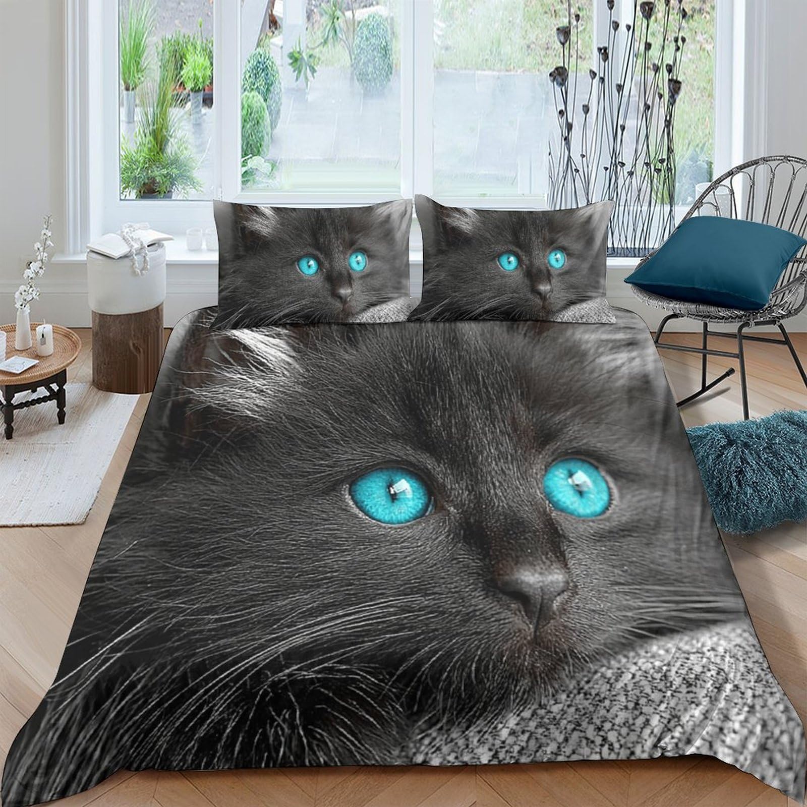 P5V6M1Q9 3D Printed Blue Cat Eyes Duvet Cover Microfiber Soft Breathable Black Cat Bedding Set with 2 Pillowcases for Bedroom Decor Single（135x200cm）