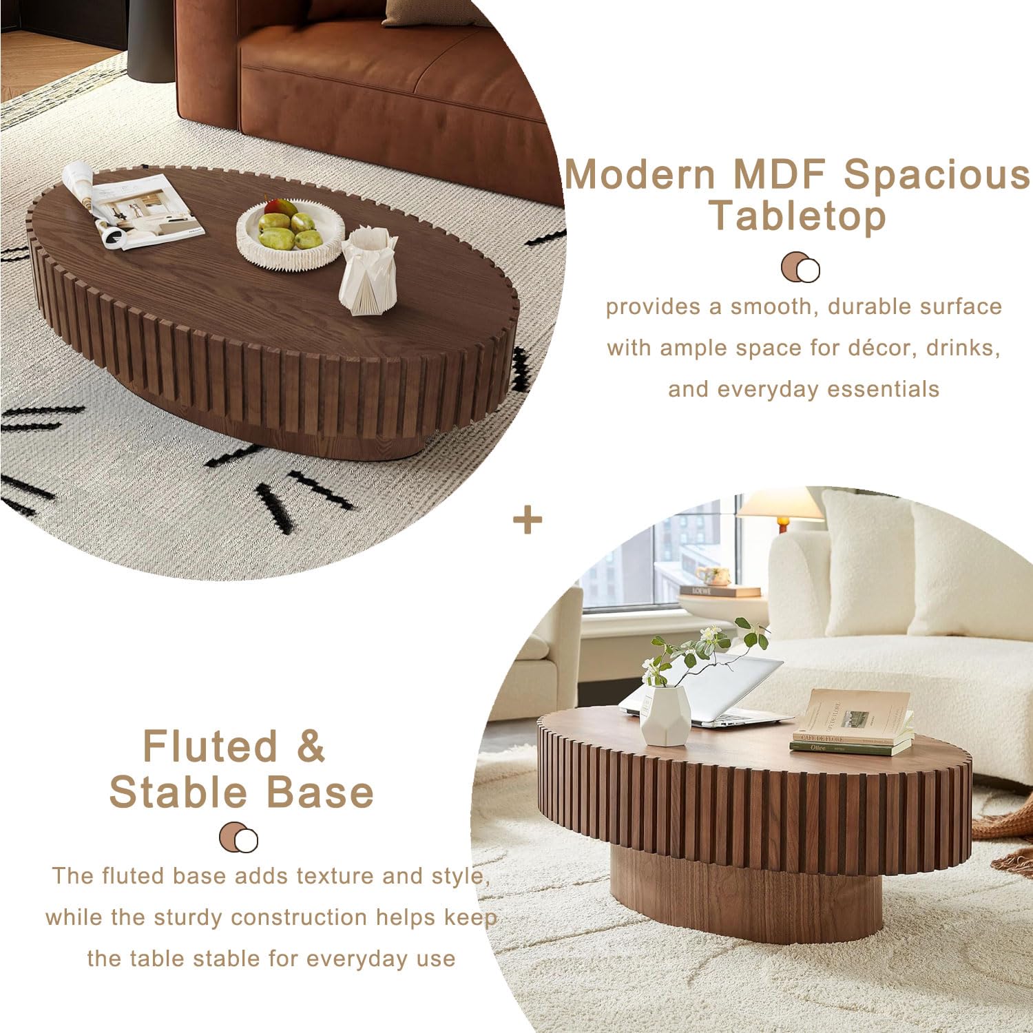 110 cm Mesa de Centro Ovalada, Nogal | Diseño de Madera Estriada, Moderno de Mediados de Siglo - Mesa Central para Salón, Apartamento - Montaje Sencillo