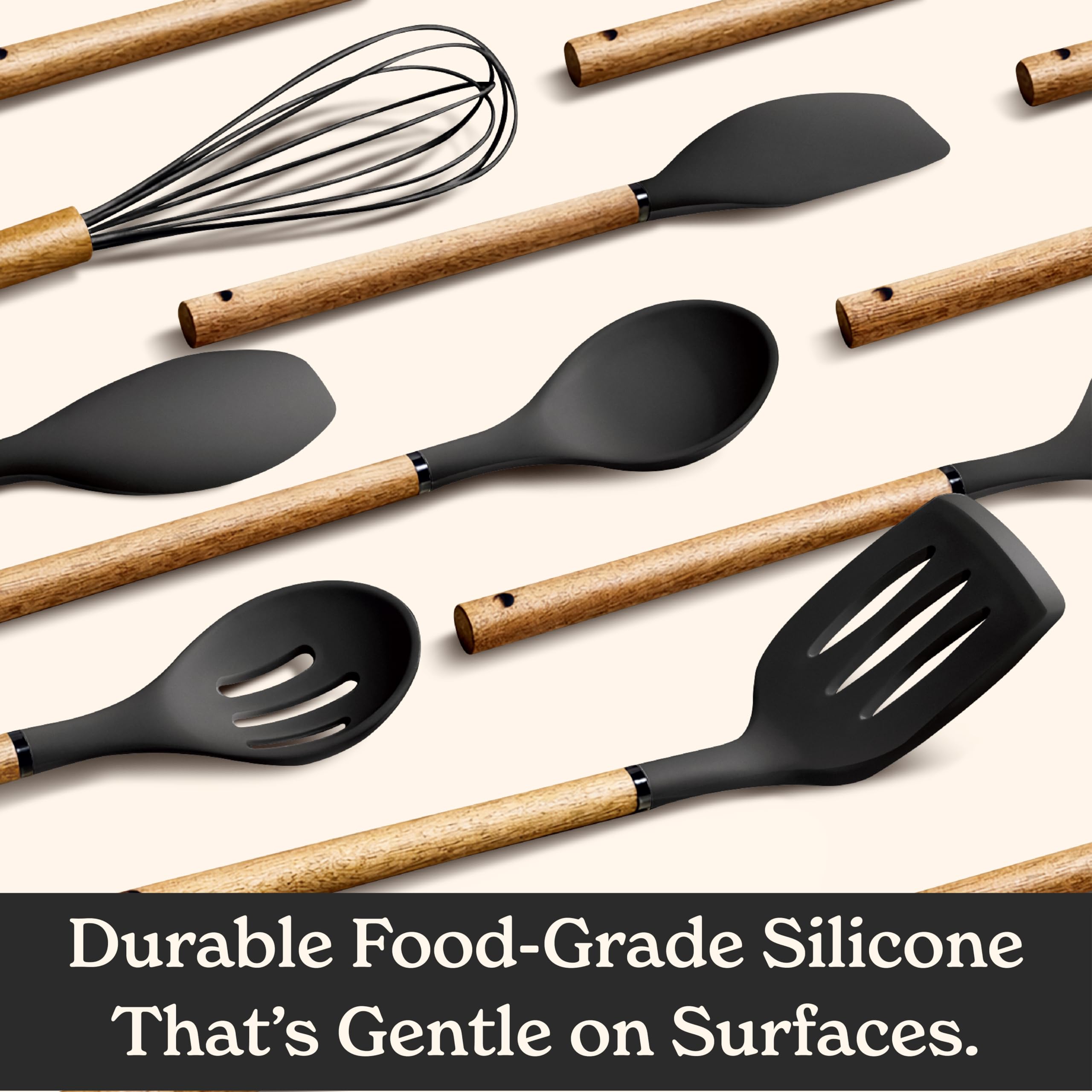 Country Kitchen Juego de 8 utensilios de cocina de silicona y madera, fáciles de limpiar, para utensilios antiadherentes y antirayones, perfecto para regalos